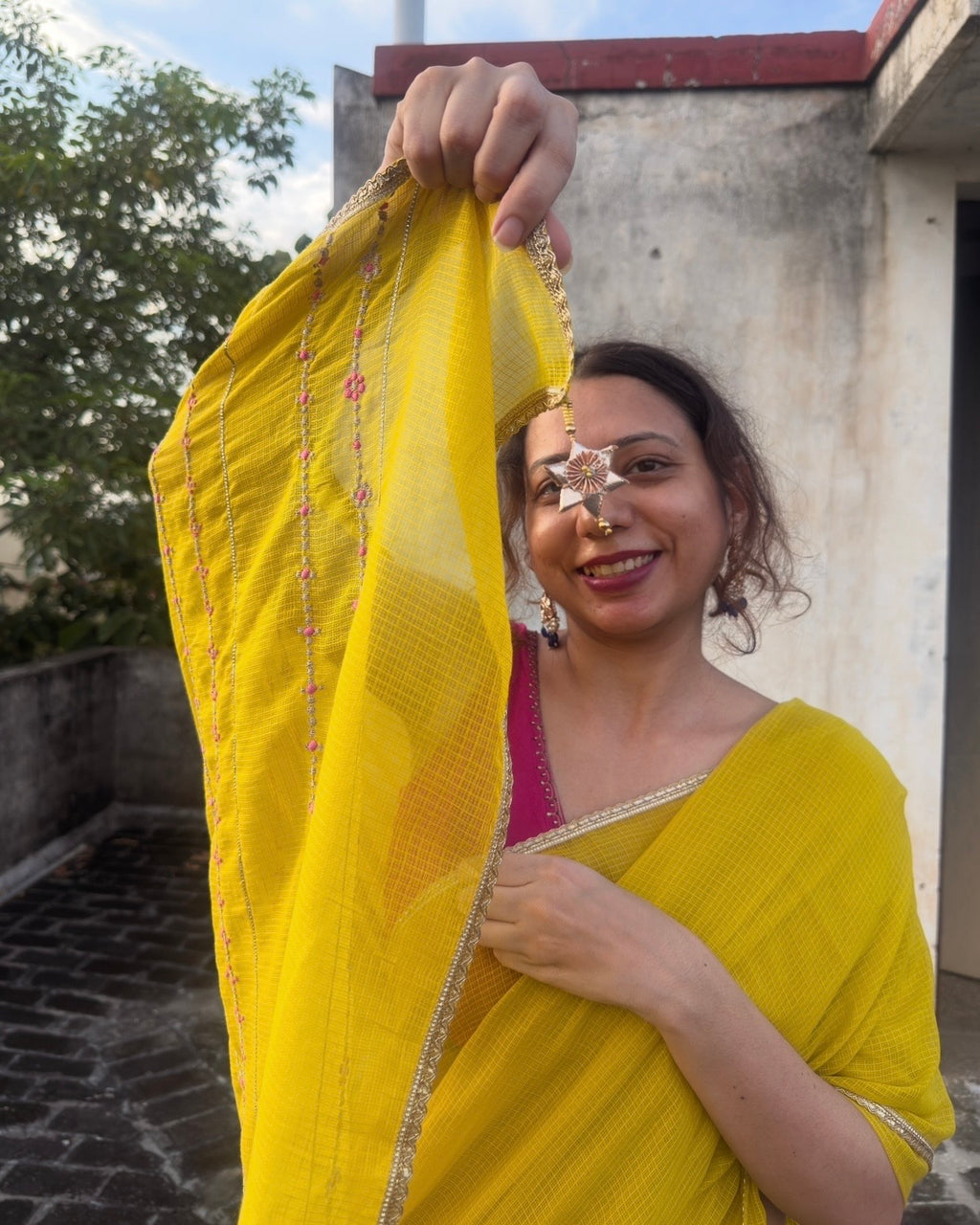Jhumki | Yellow Embroidered Kota Doria Saree