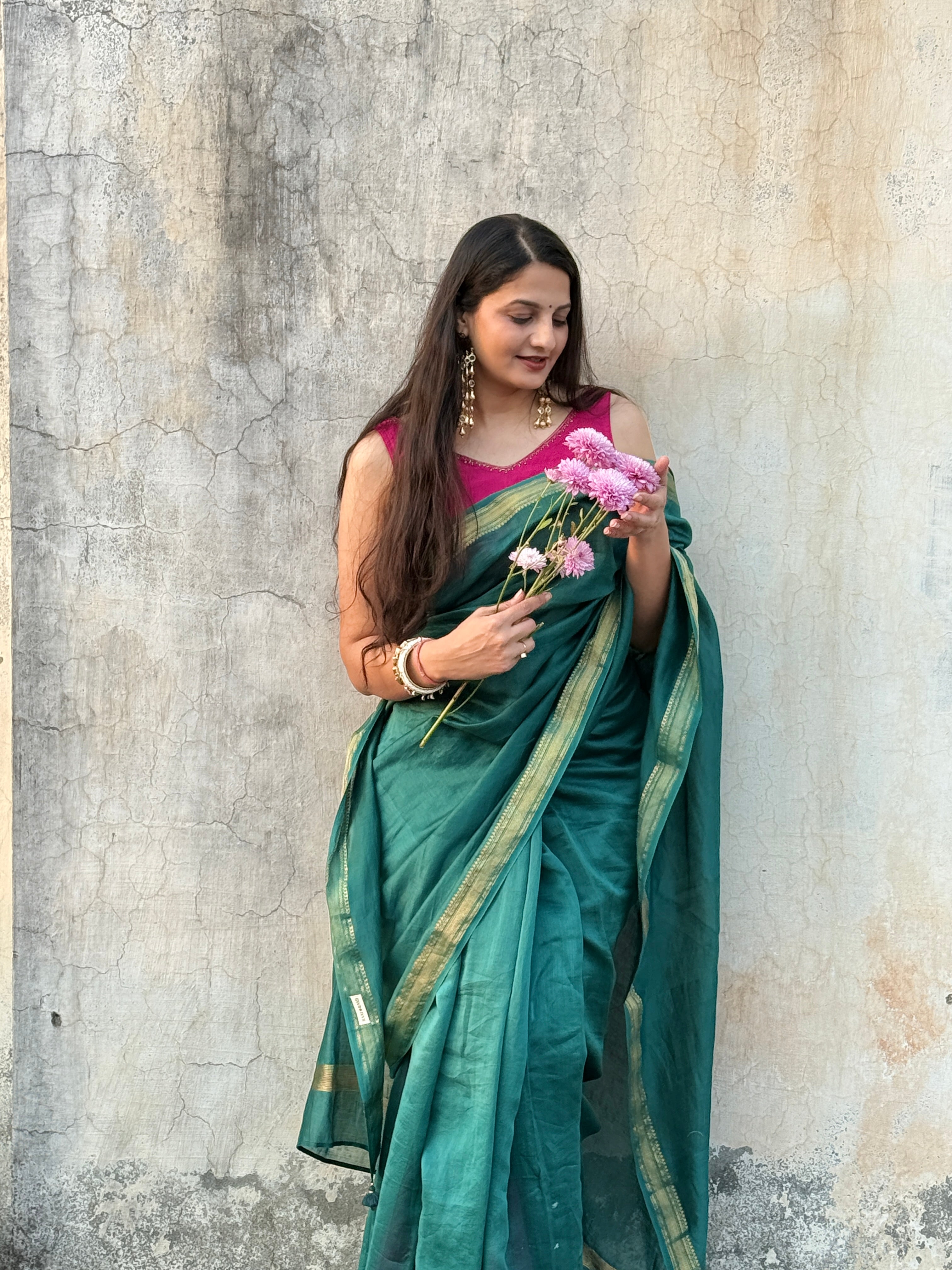 Nazaara | Emerald Green Cotton Silk Saree
