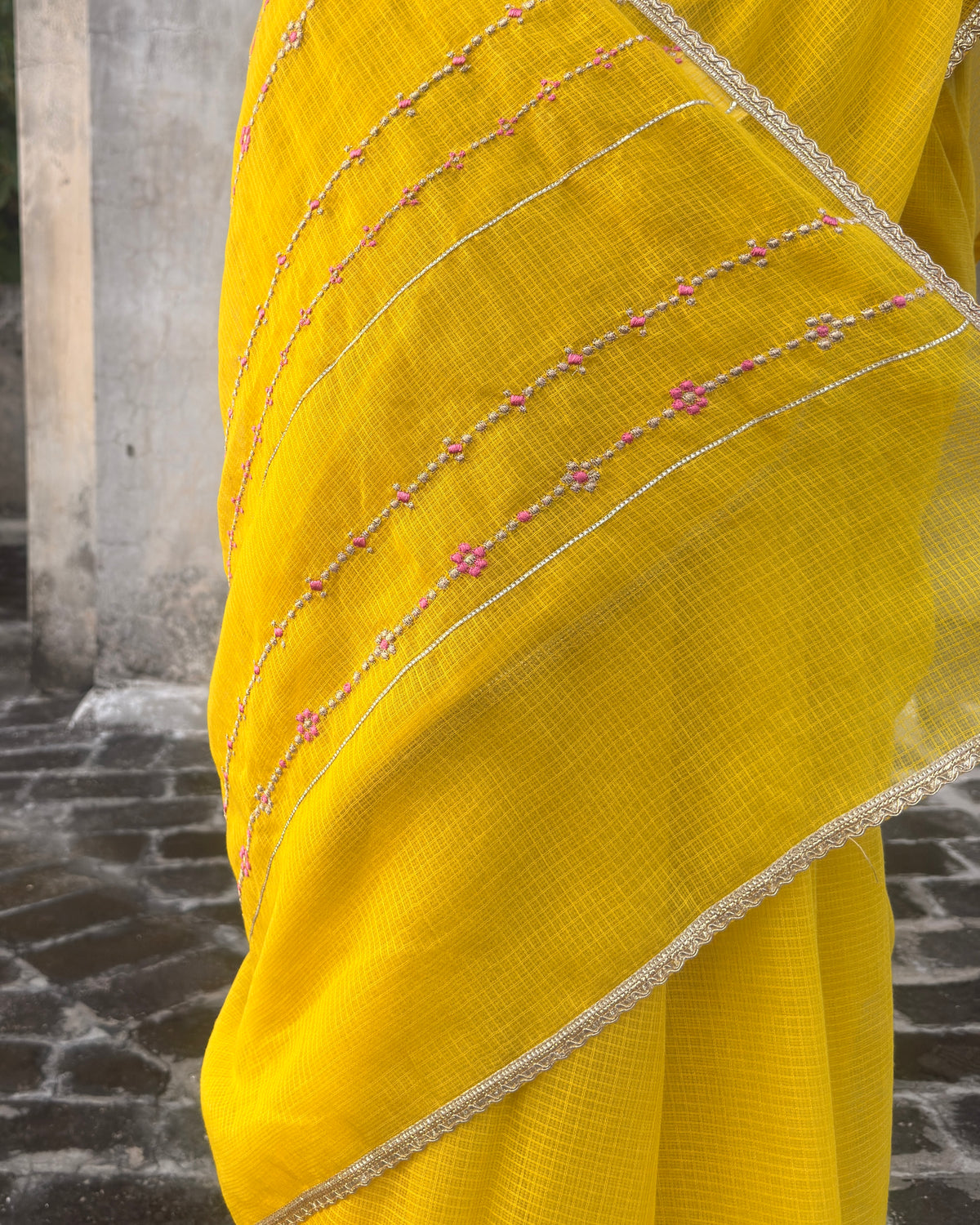 Jhumki | Yellow Embroidered Kota Doria Saree