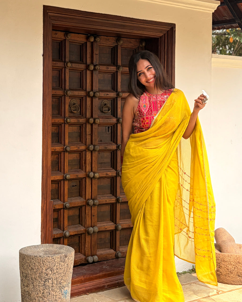 Jhumki | Yellow Embroidered Kota Doria Saree