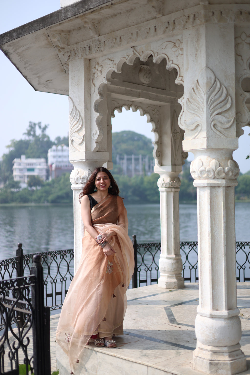 Sitaara | Tan Brown Ombre Embroidered Kota Silk Saree