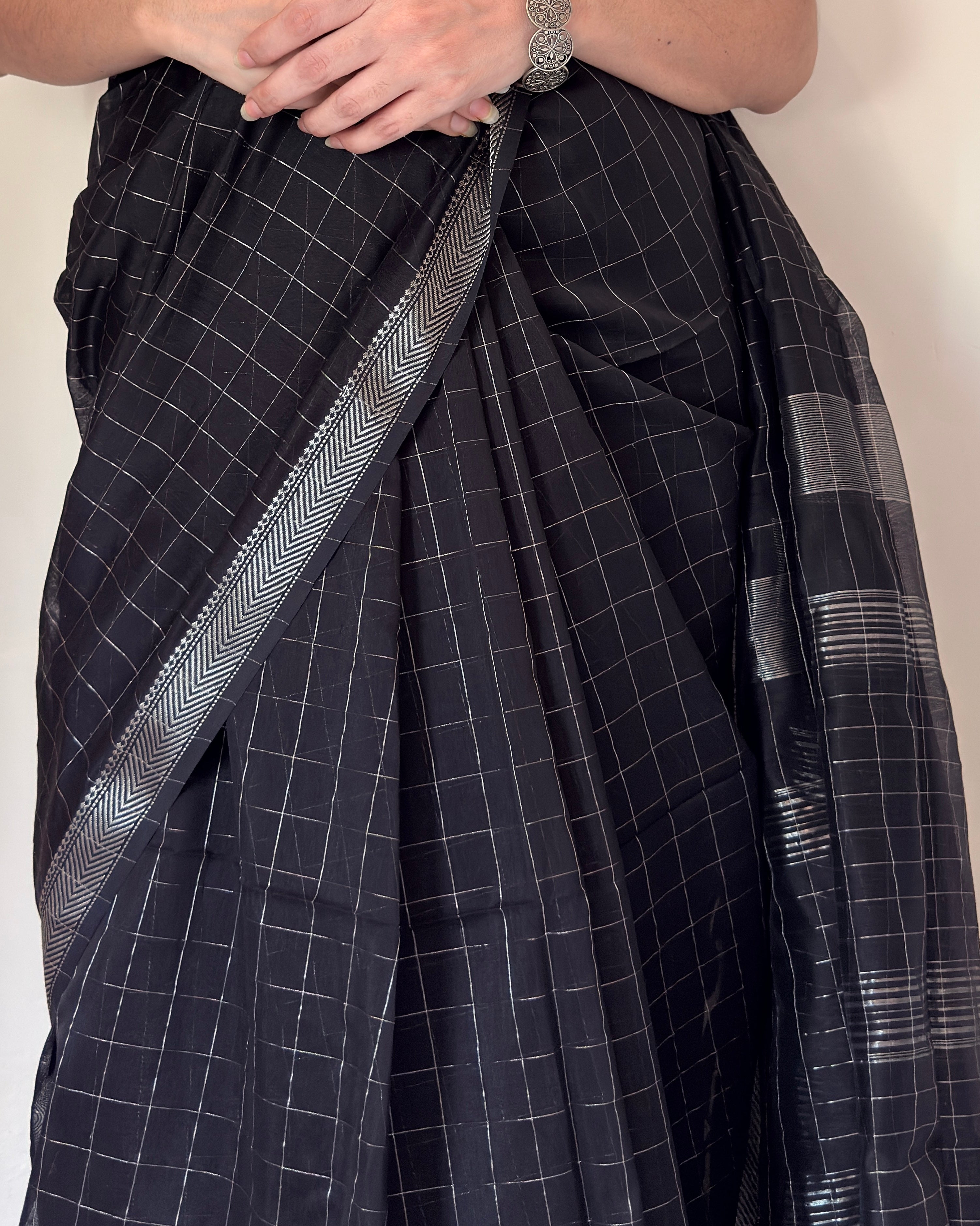 Chandni | Black Maheshwari Saree with Silver Checks