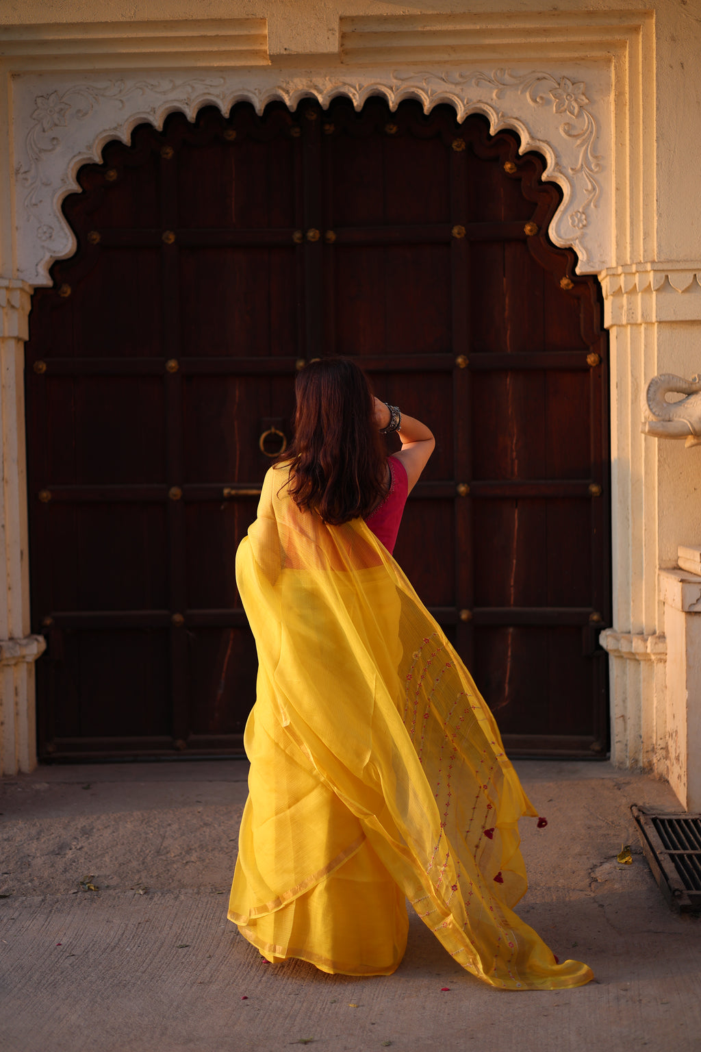 Mehr | Yellow Embroidered Kota Silk Saree