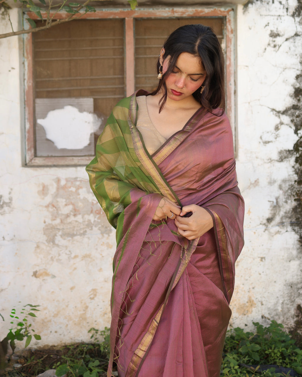 Kishmish | Pink Maheshwari Checks Saree