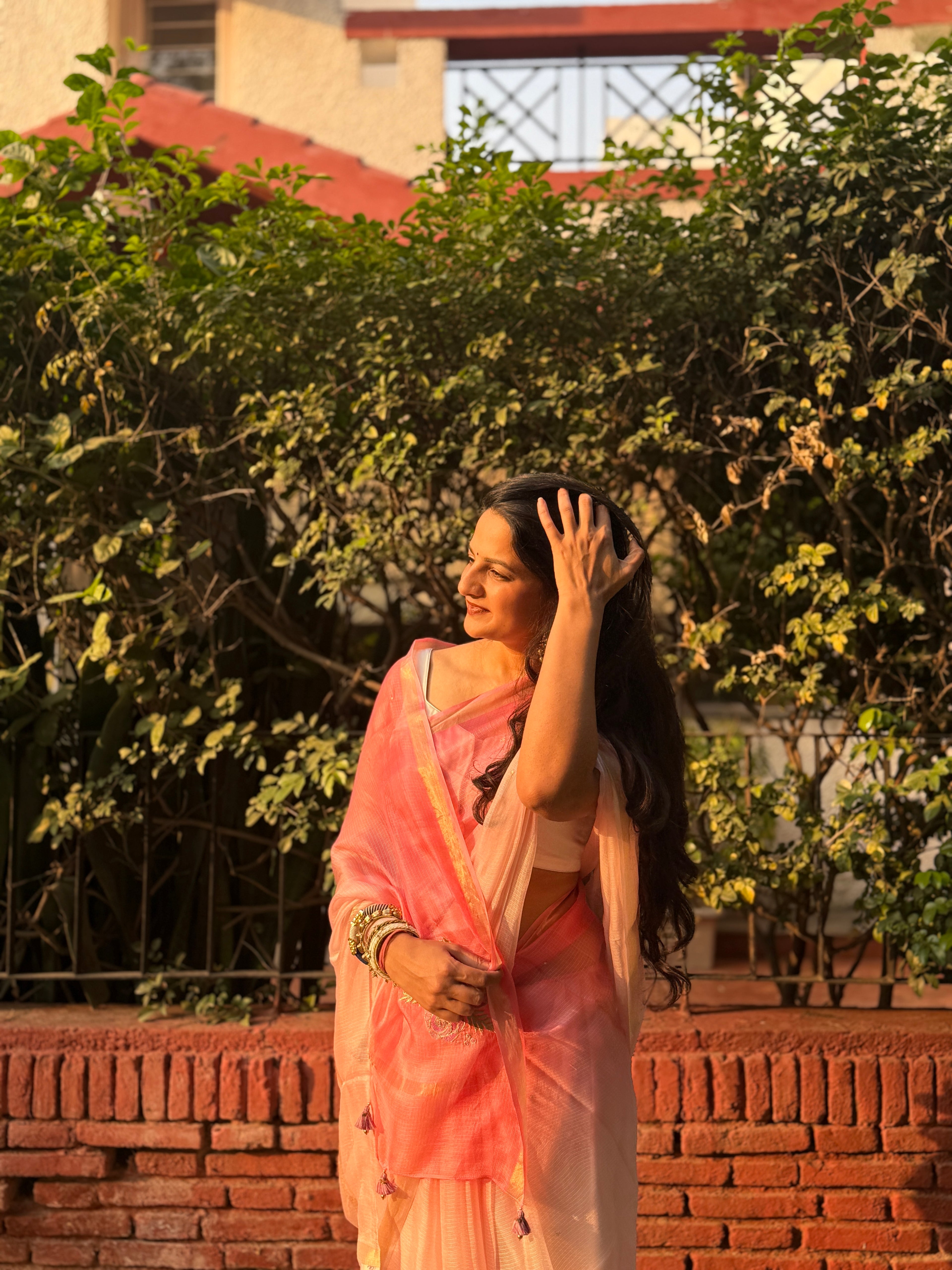Sitaara | Pink Ombre Embroidered Kota Silk Saree