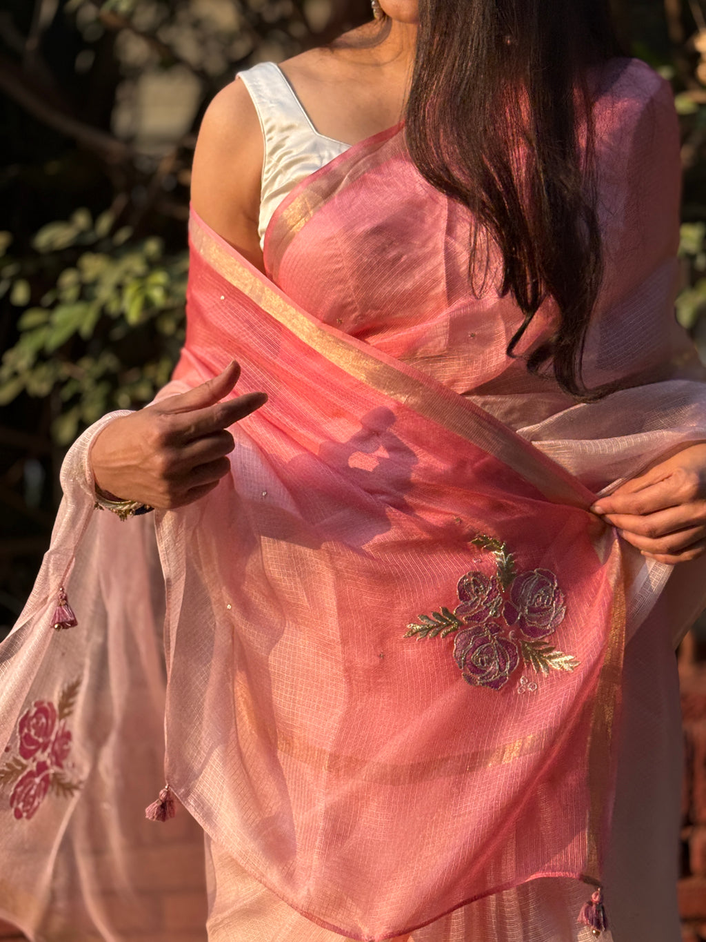 Sitaara | Pink Ombre Embroidered Kota Silk Saree