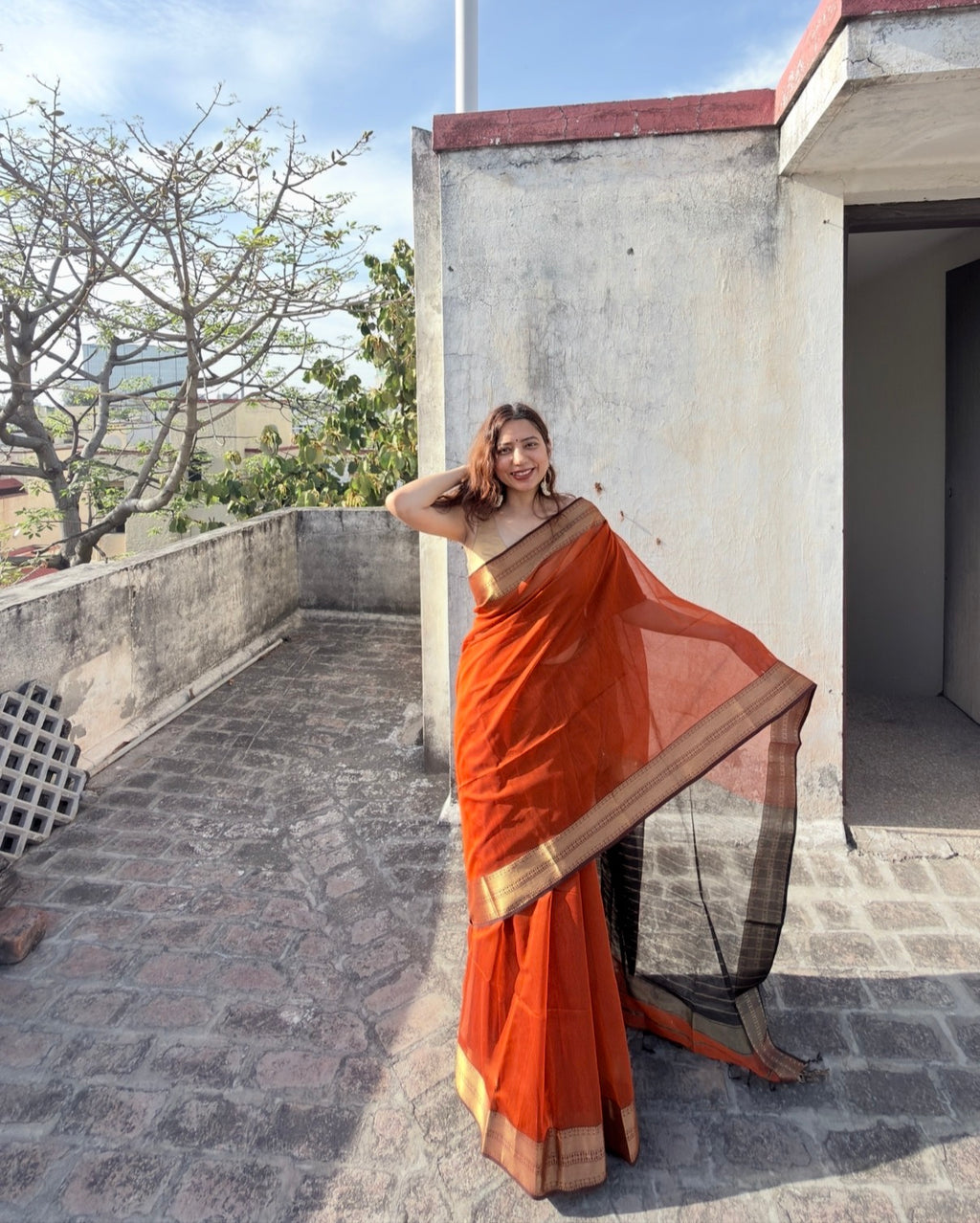 Nazm | Orange Maheshwari Saree