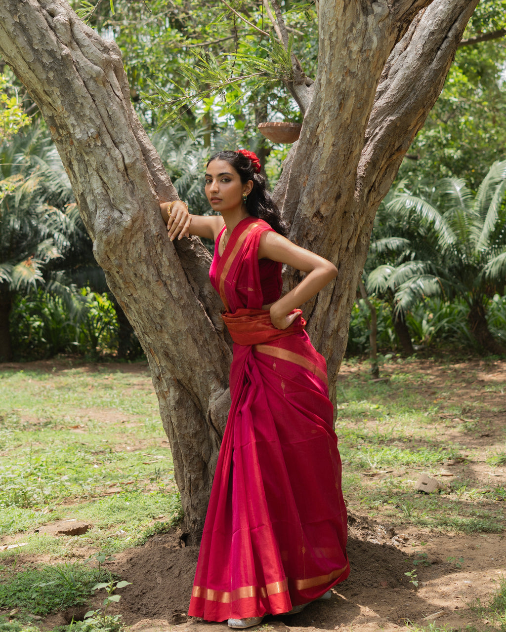 Aalta | Rani Pink Maheshwari Saree