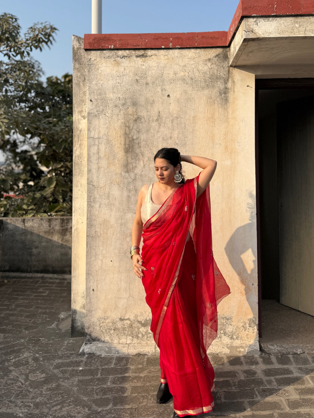 Sharara | Red Embroidered Kota Silk Saree