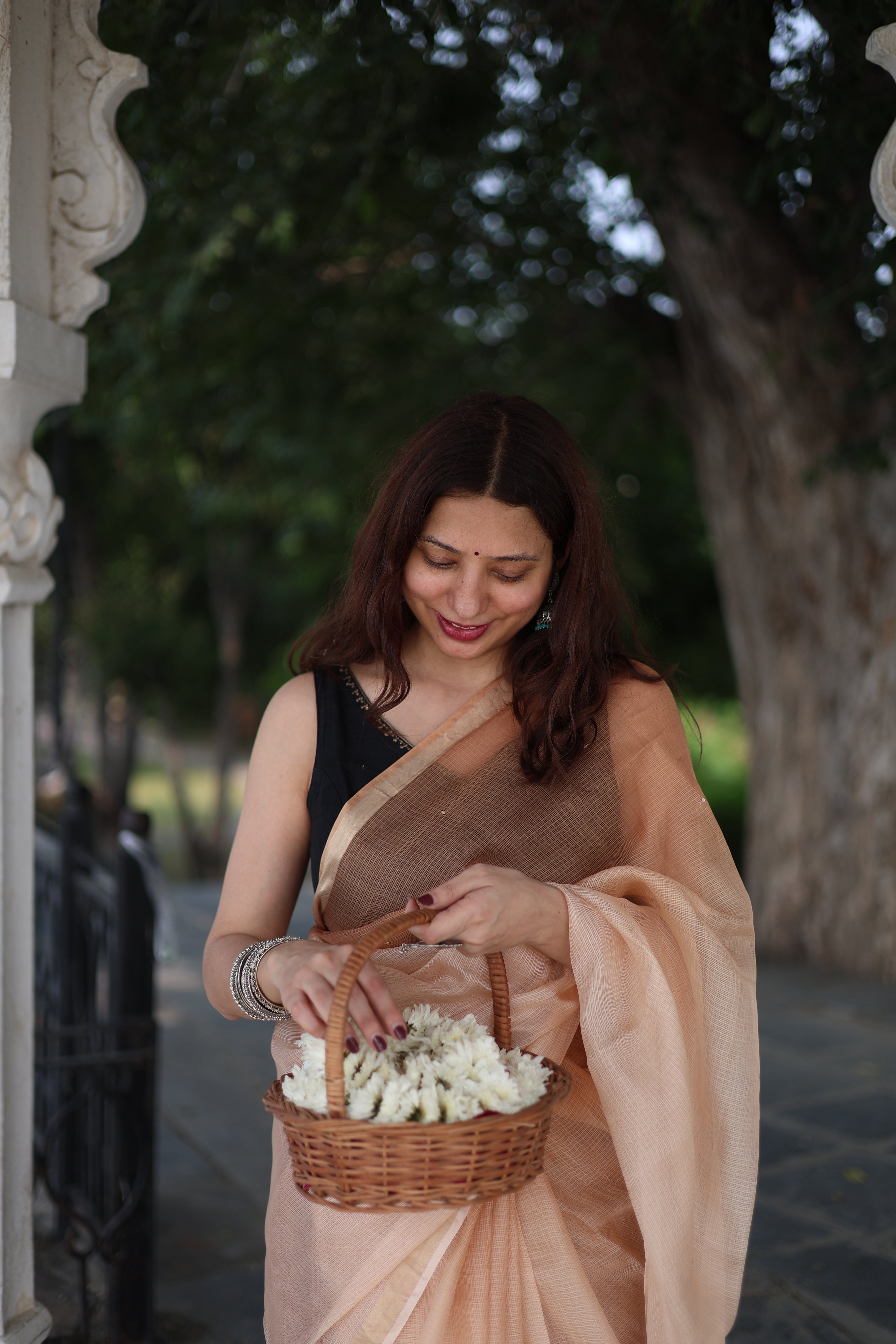 Sitaara | Tan Brown Ombre Embroidered Kota Silk Saree