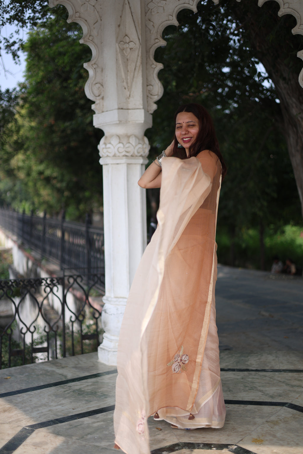 Sitaara | Tan Brown Ombre Embroidered Kota Silk Saree