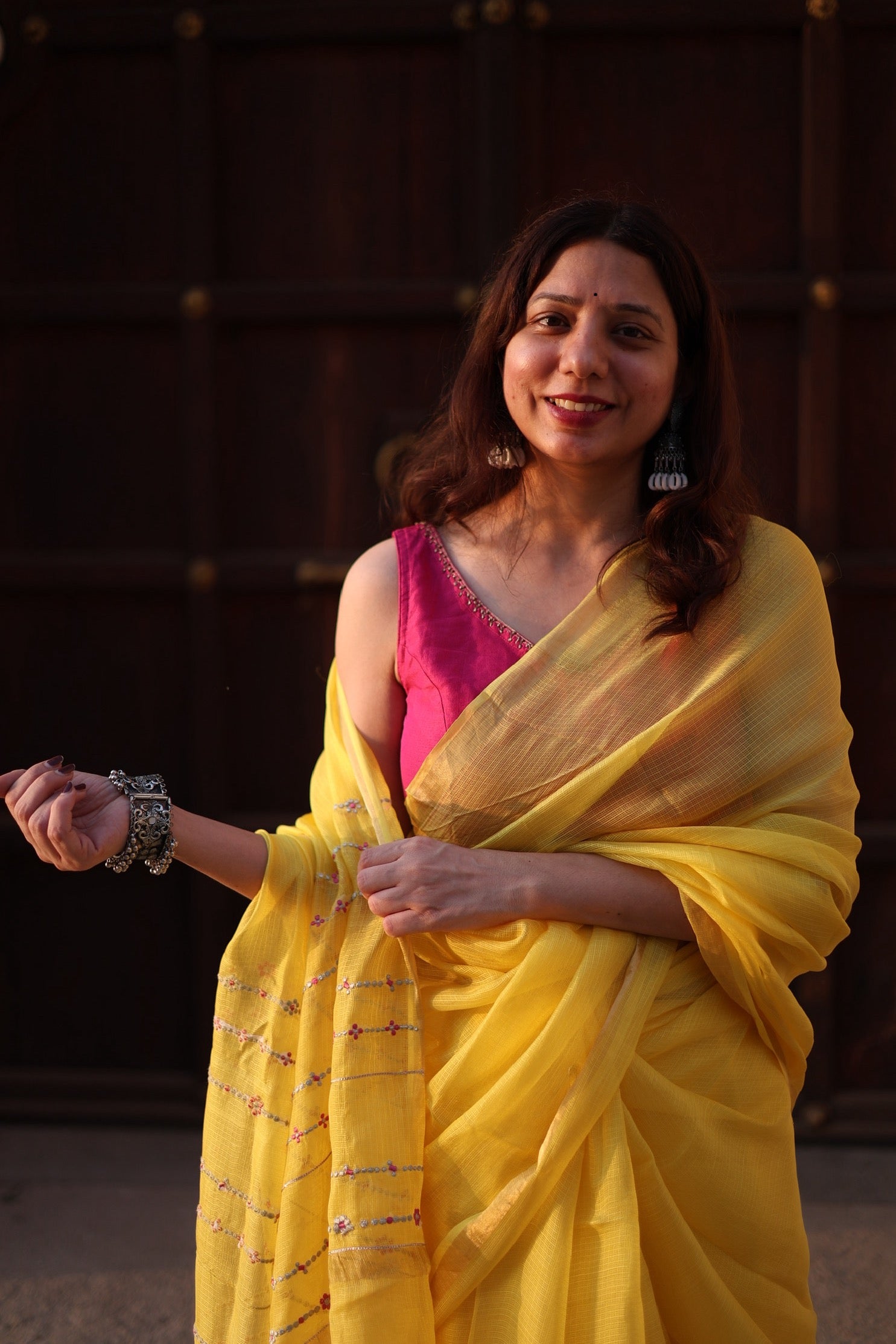 Mehr | Yellow Embroidered Kota Silk Saree