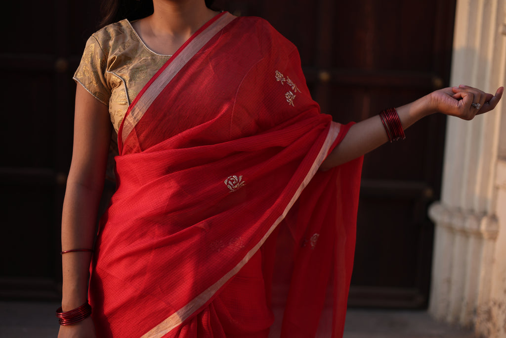 Sharara | Red Embroidered Kota Silk Saree