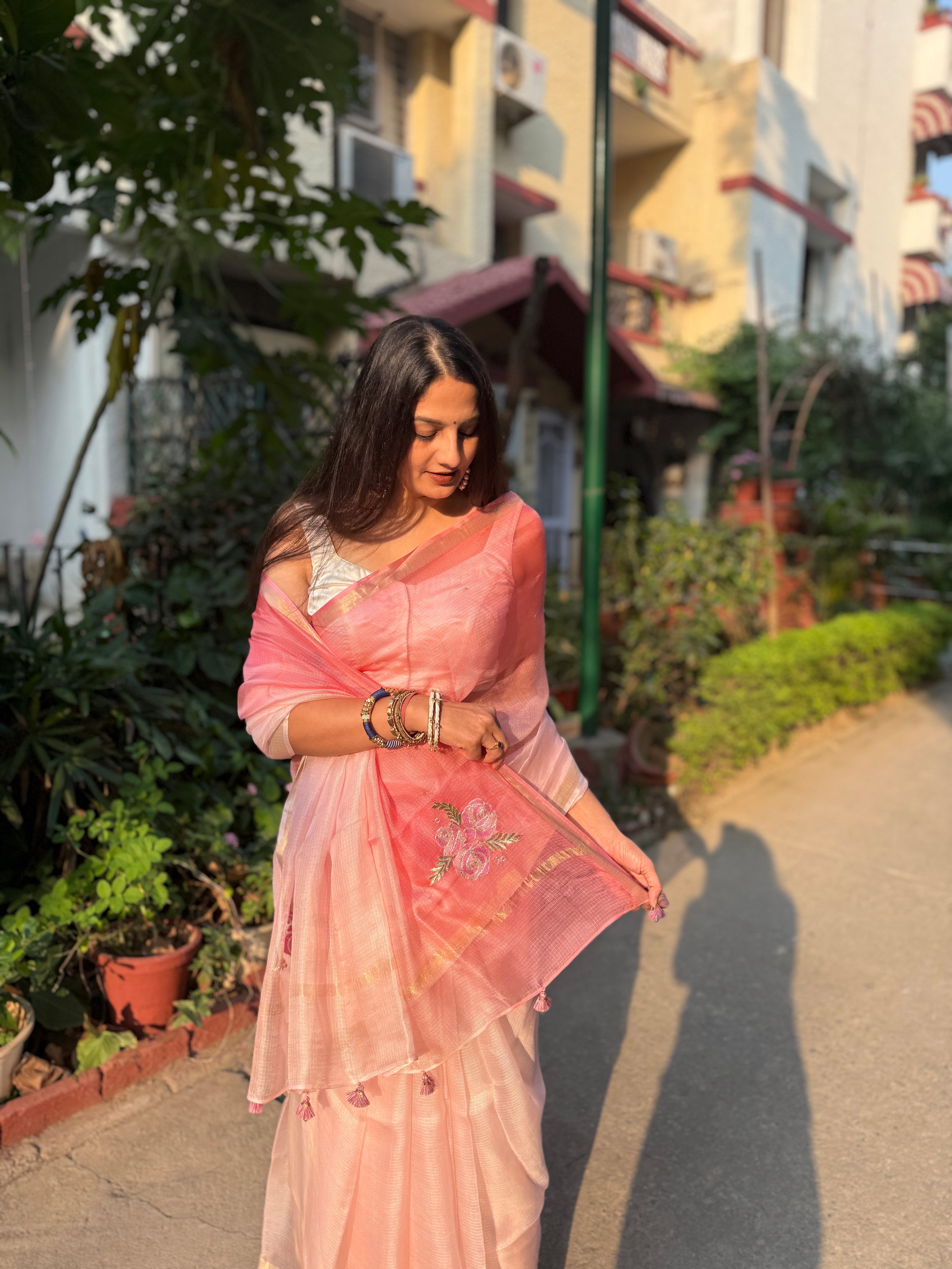 Sitaara | Pink Ombre Embroidered Kota Silk Saree