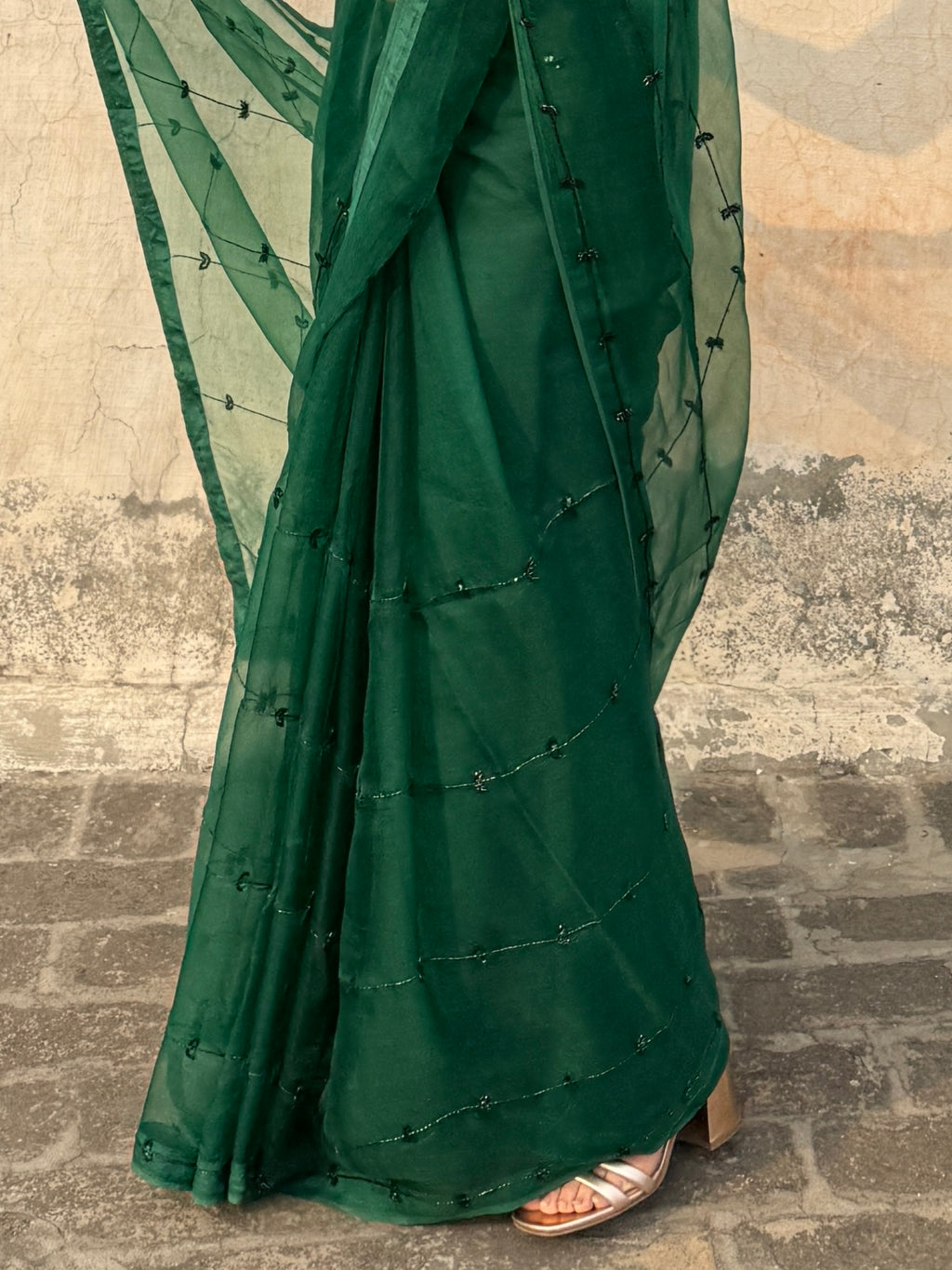 Teekhi | Green Viscose Organza Hand Embroidered saree