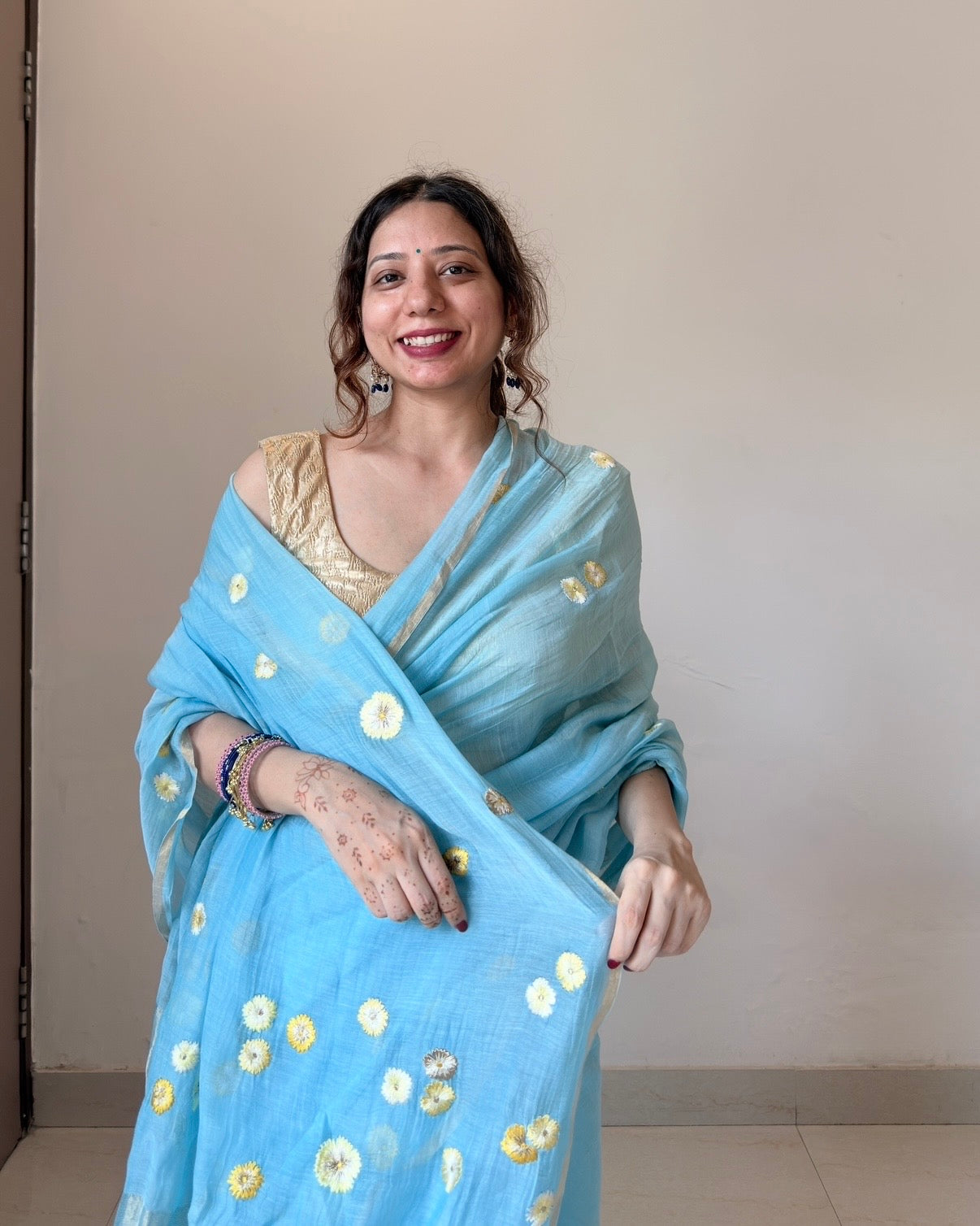 Noori | Blue Embroidered Cotton Silk Saree