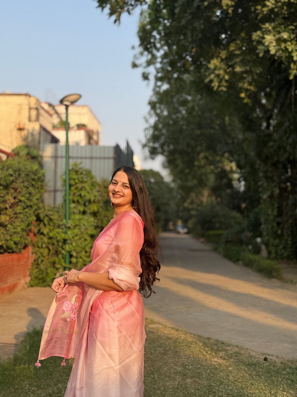 Sitaara | Pink Ombre Embroidered Kota Silk Saree