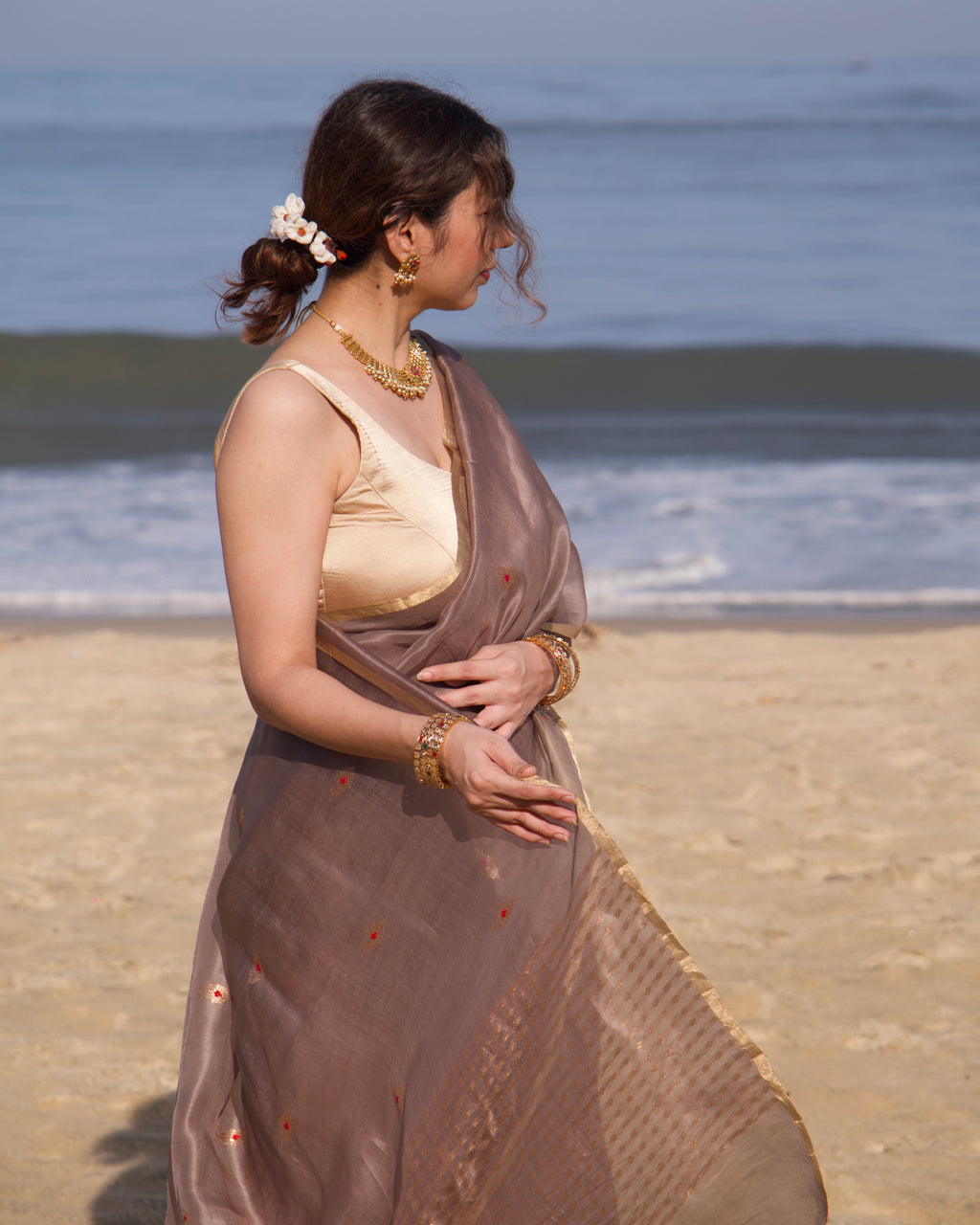 Naina | Brown Handloom Banarasi Kora Silk Saree