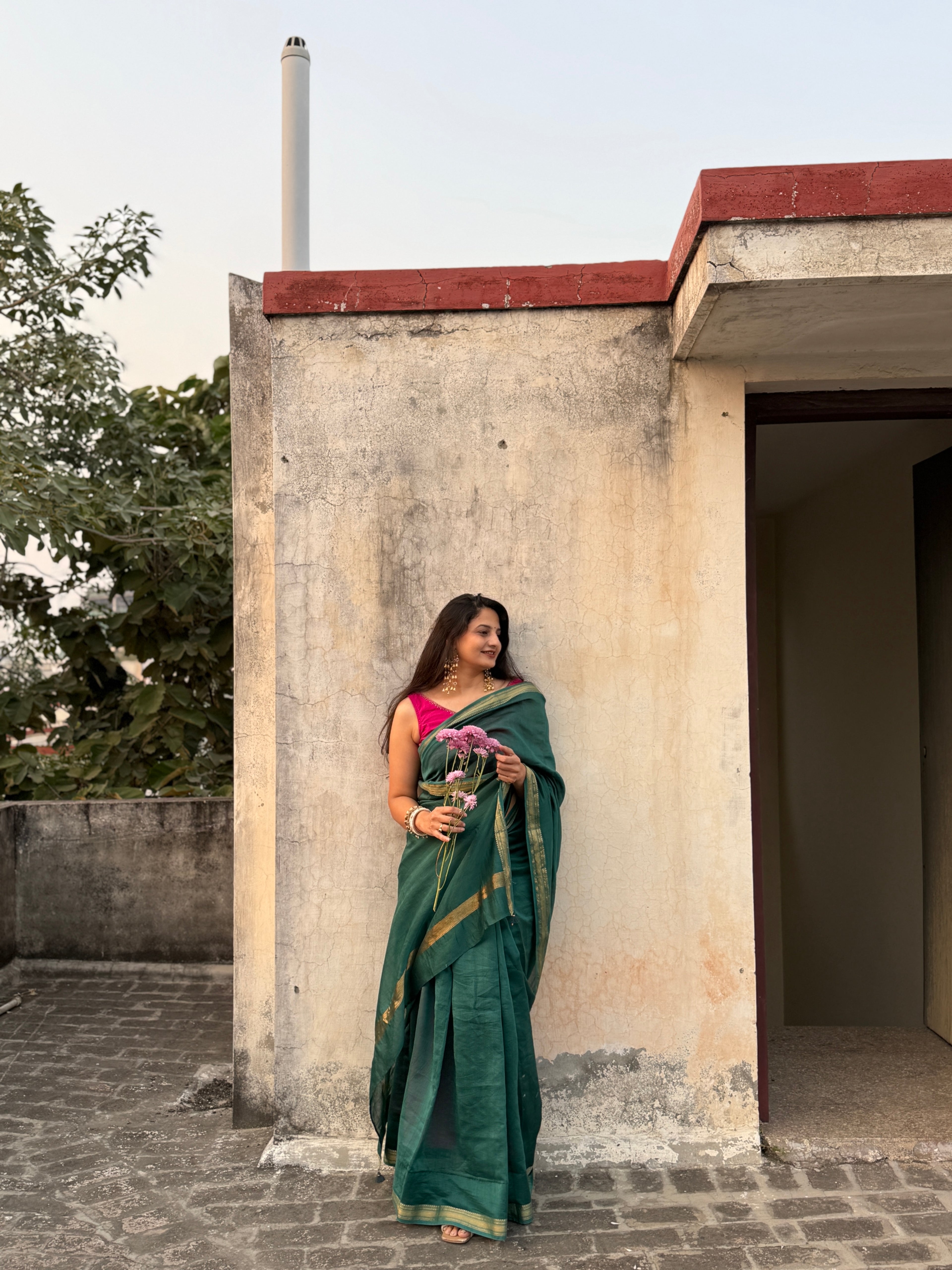 Nazaara | Emerald Green Cotton Silk Saree