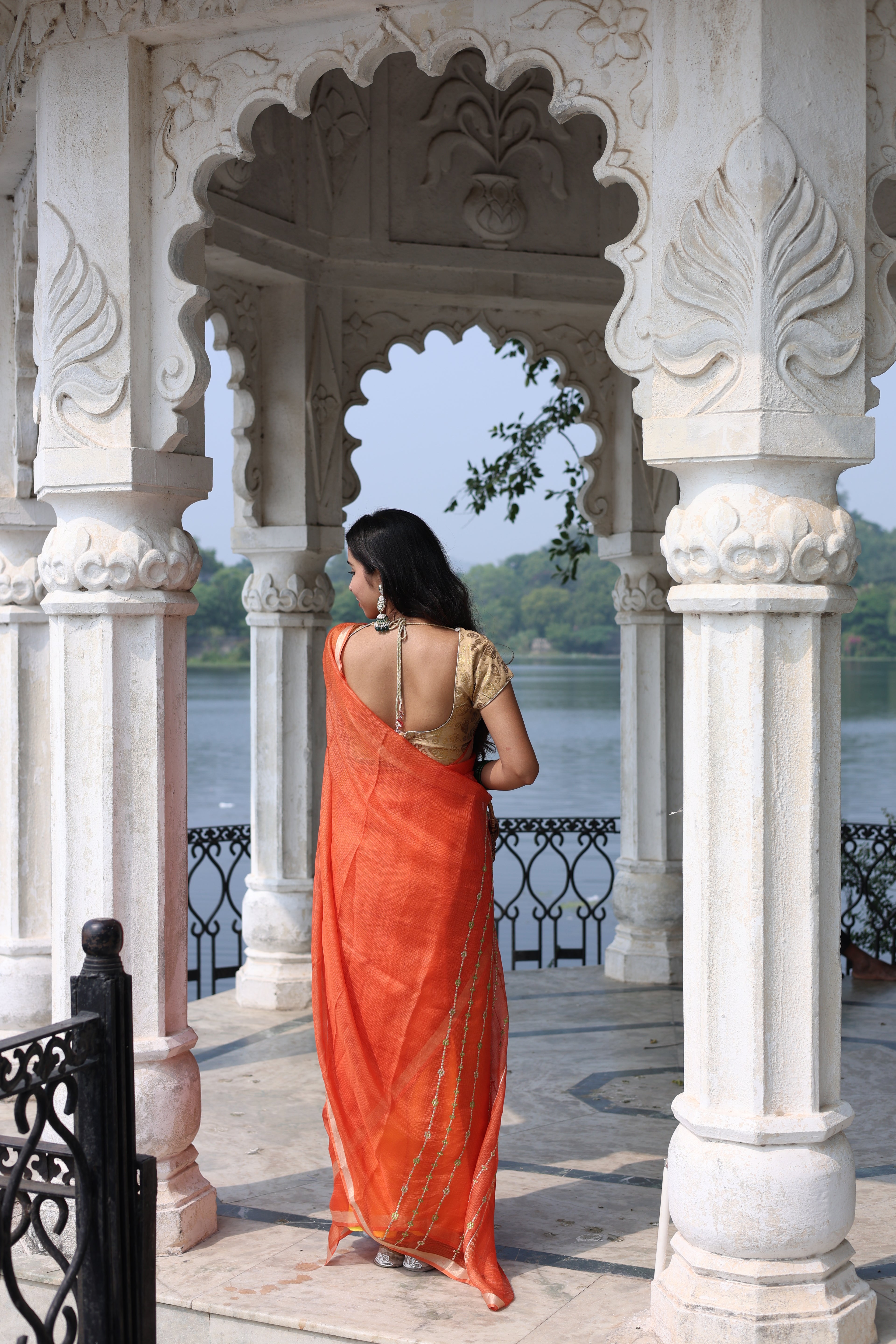 Mehr | Orange Embroidered Kota Silk Saree