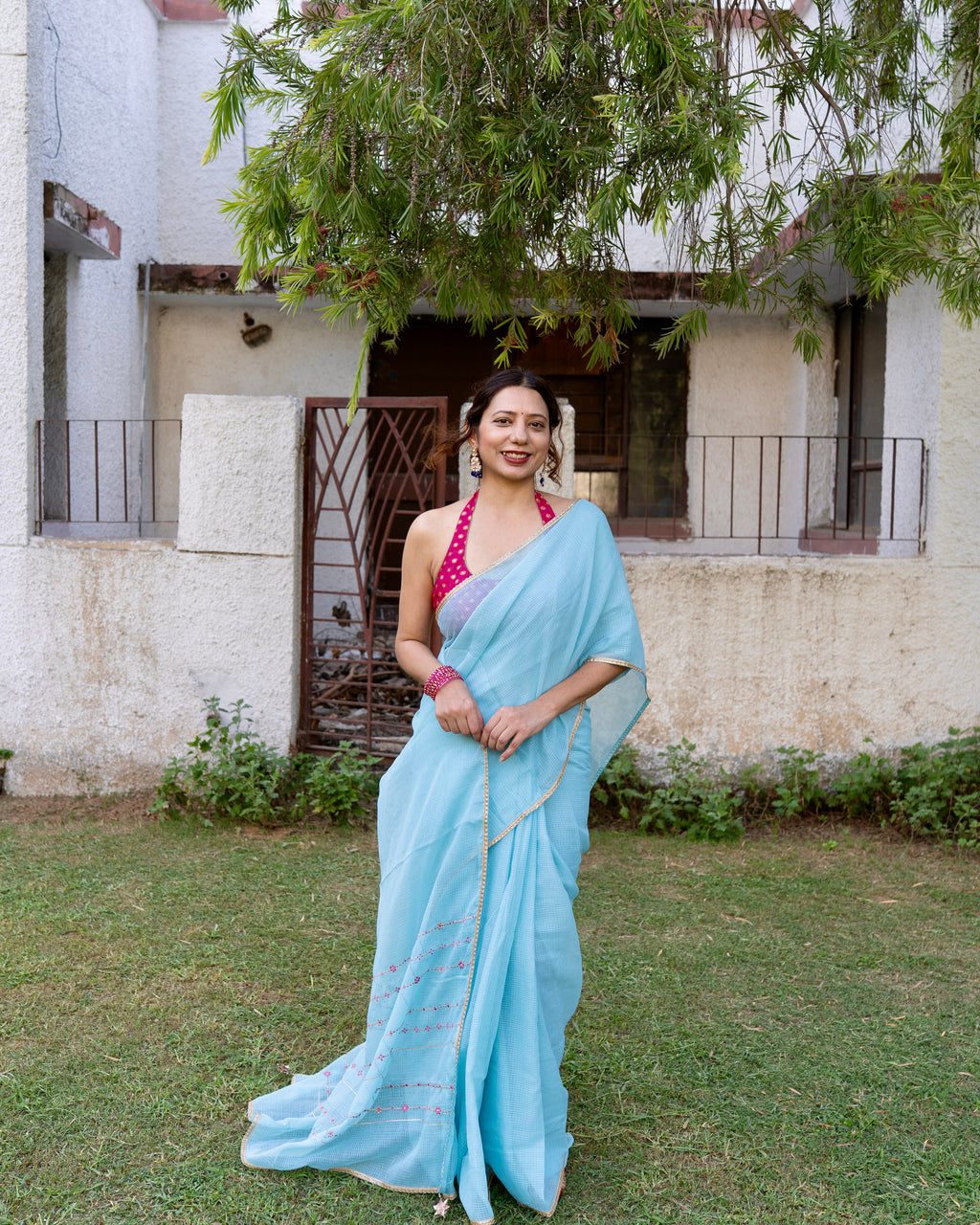 Jhumki | Blue Embroidered Kota Doria Saree