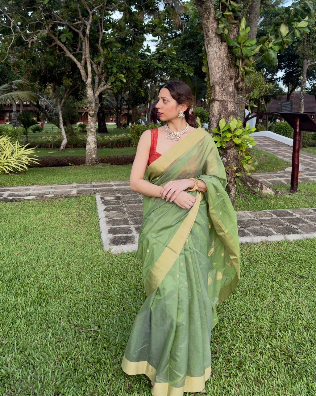 Amli | Olive Green Chanderi Silk Saree