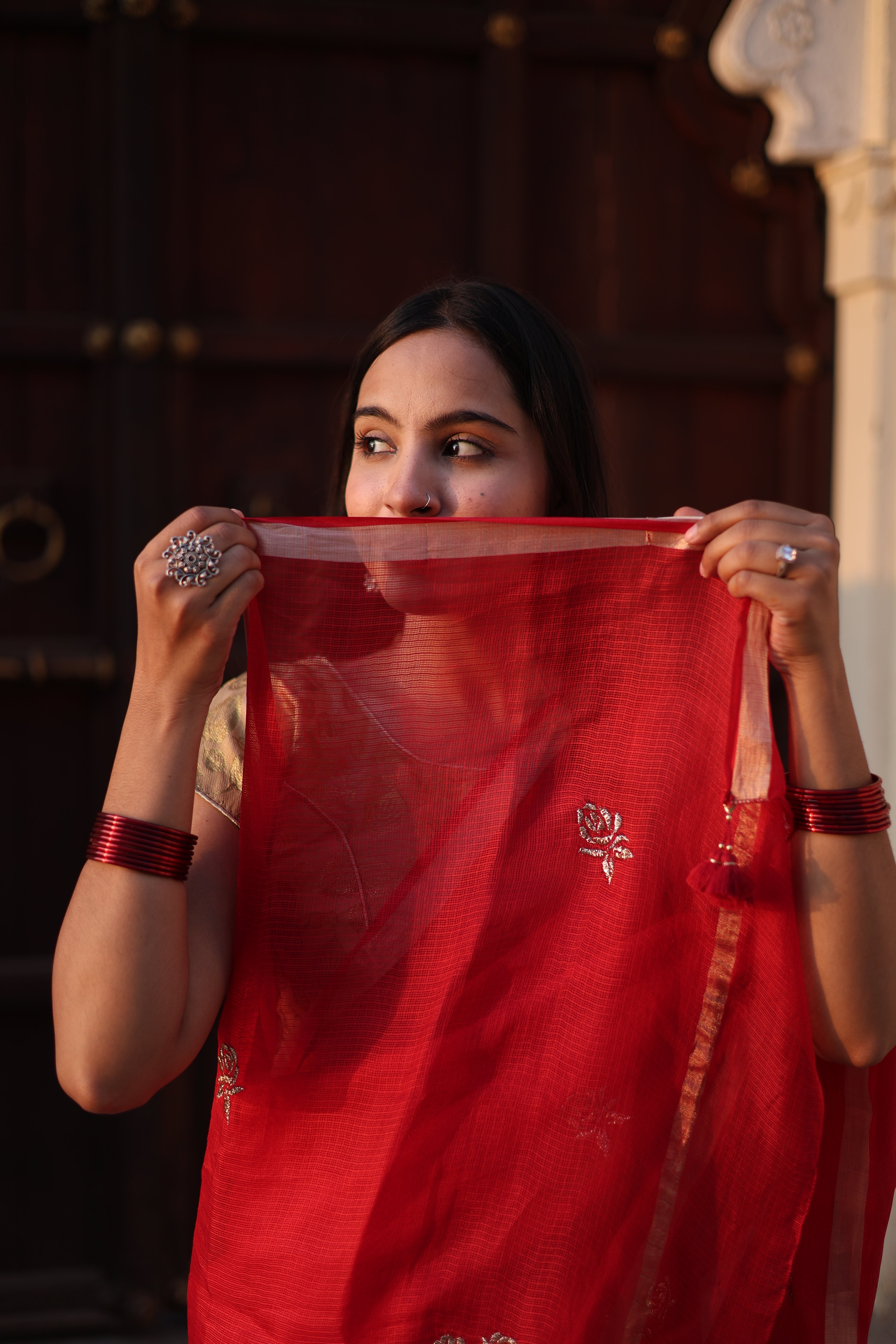 Sharara | Red Embroidered Kota Silk Saree