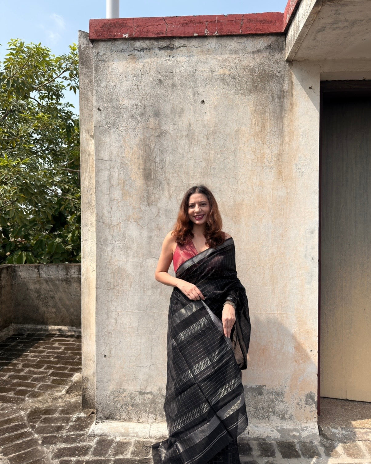 Chandni | Black Maheshwari Saree with Silver Checks