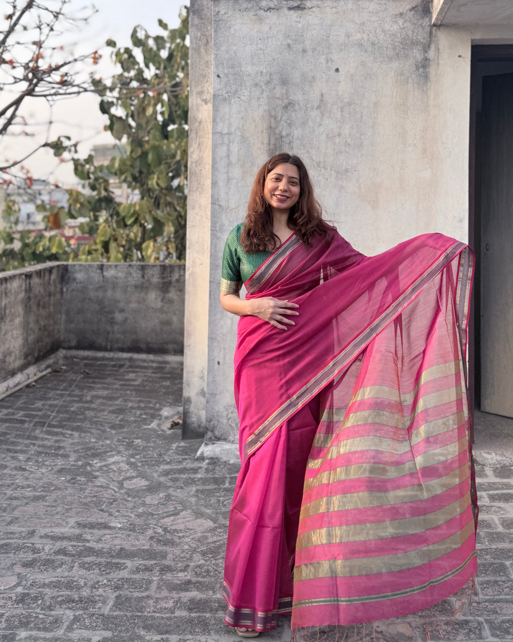 Rajnigandha | Pink Raasta Pattern Maheshwari Saree