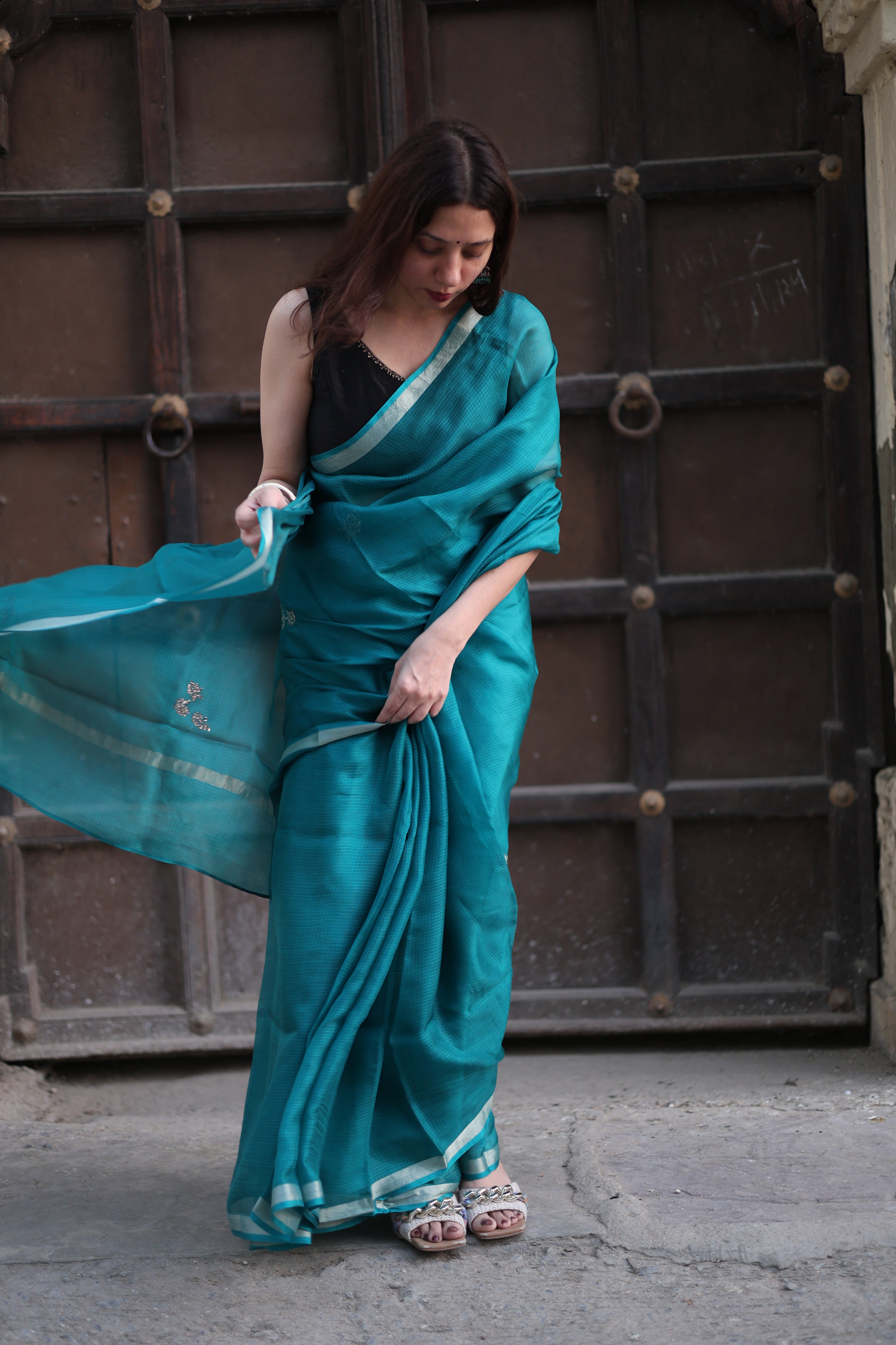 Sharara | Teal Blue Embroidered Kota Silk Saree