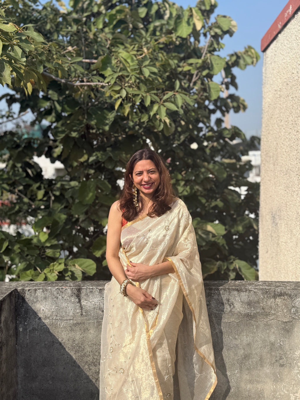 Sunehri | Ivory Golden Viscose Organza & Silk Zari saree