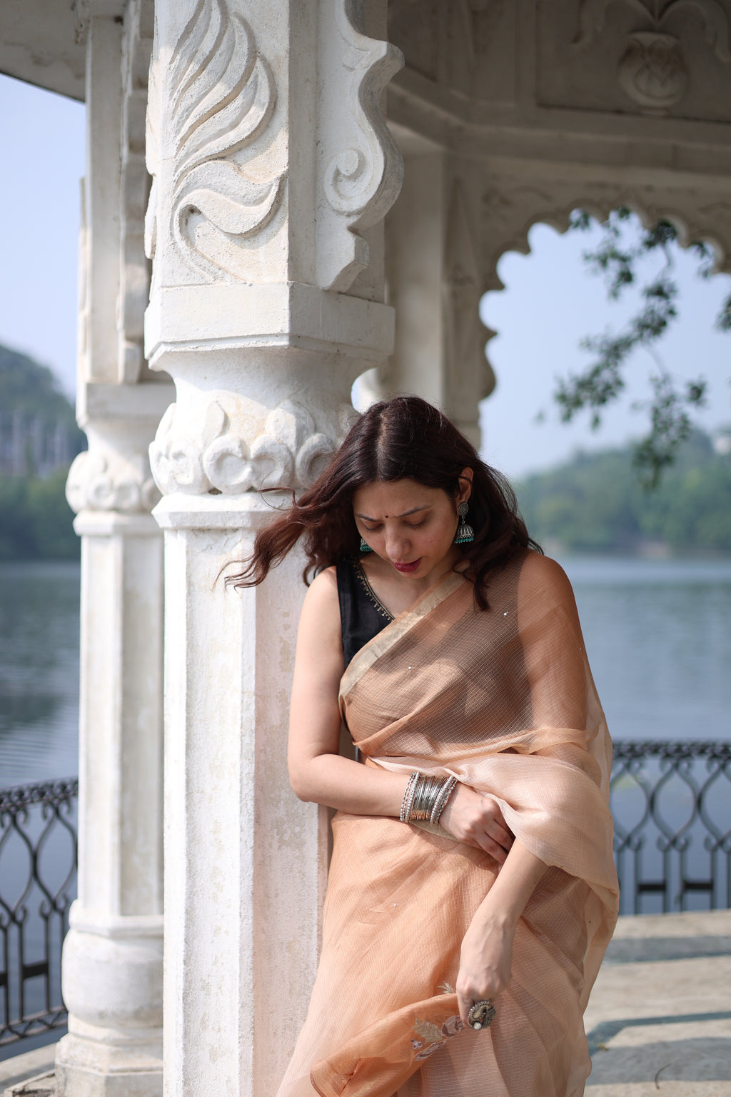 Sitaara | Tan Brown Ombre Embroidered Kota Silk Saree