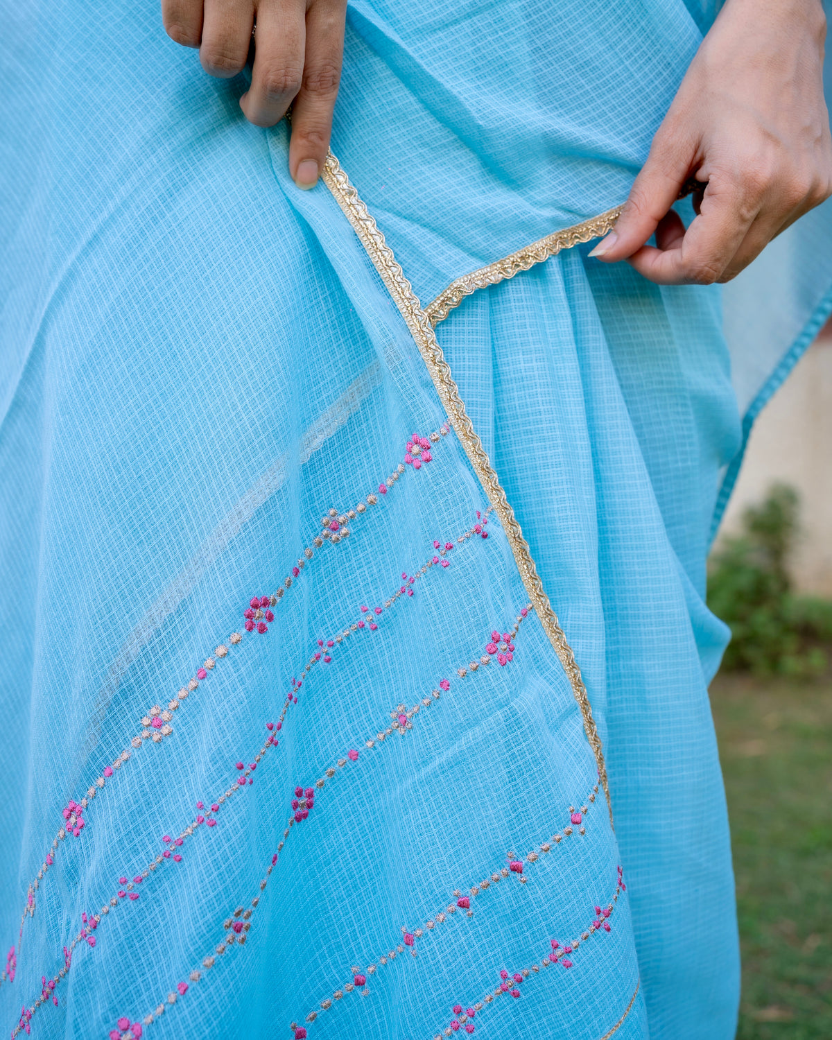 Jhumki | Blue Embroidered Kota Doria Saree