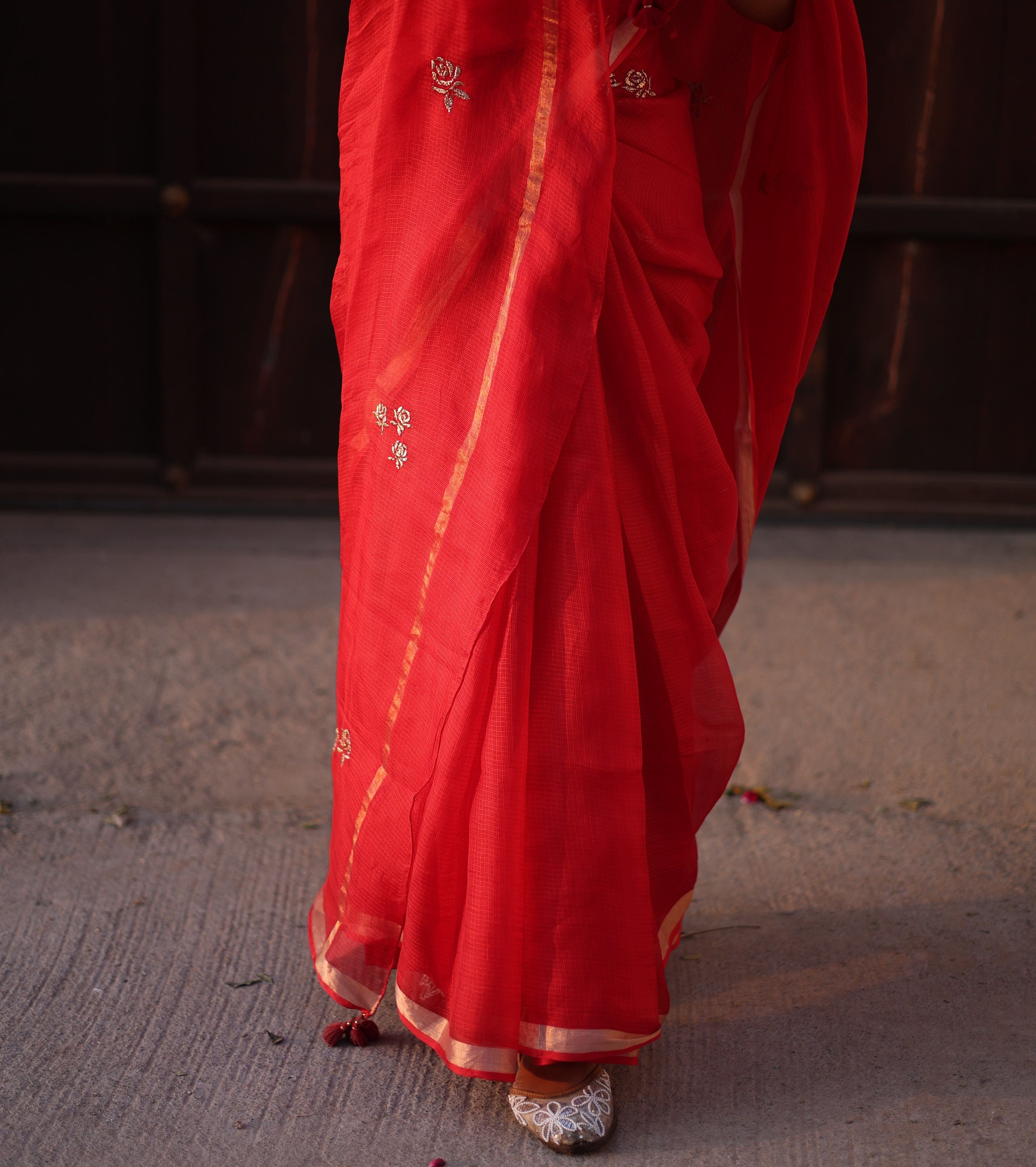 Sharara | Red Embroidered Kota Silk Saree