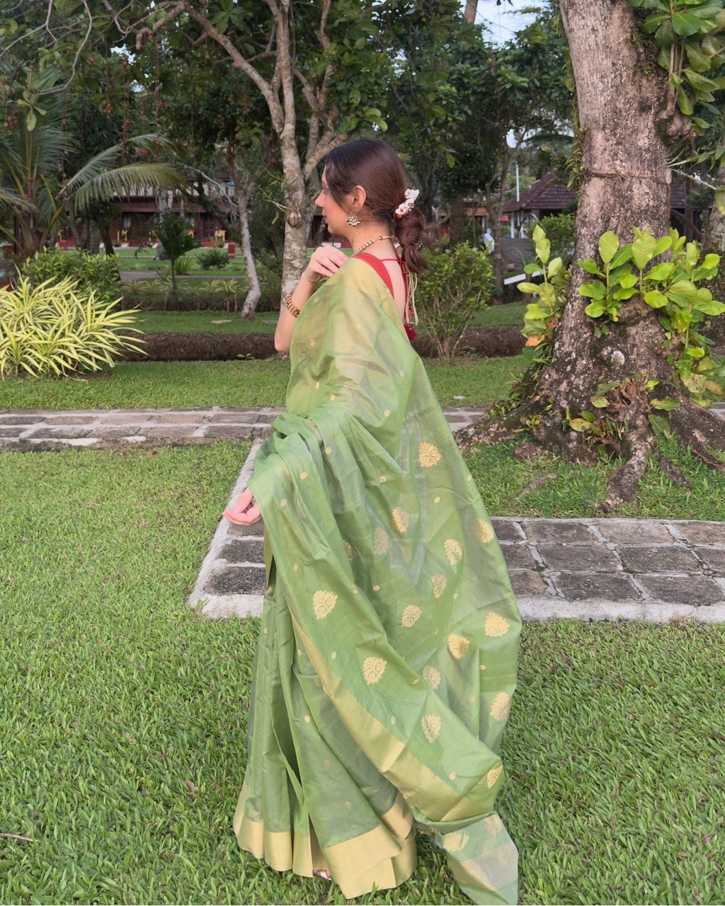 Amli | Olive Green Chanderi Silk Saree