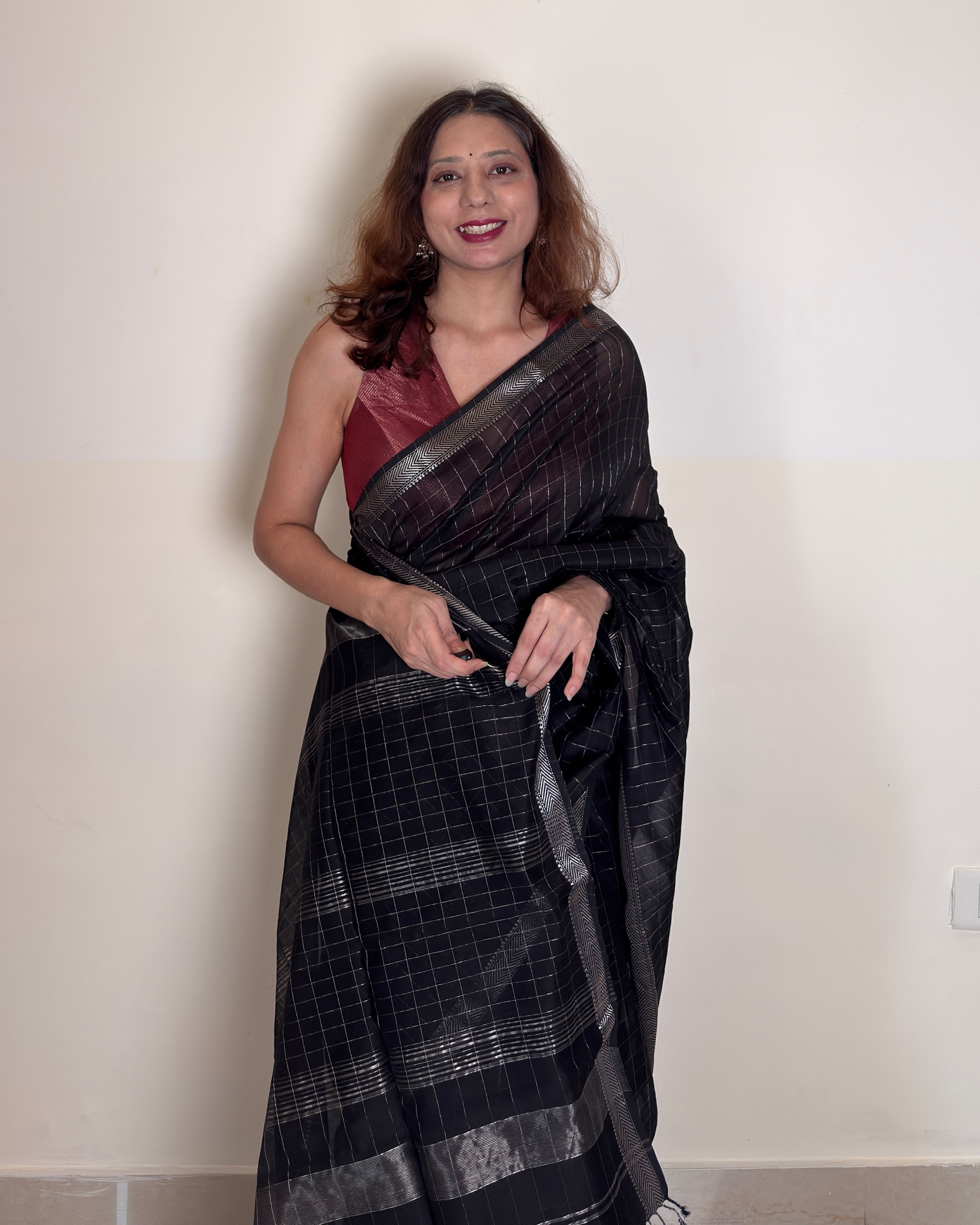Chandni | Black Maheshwari Saree with Silver Checks