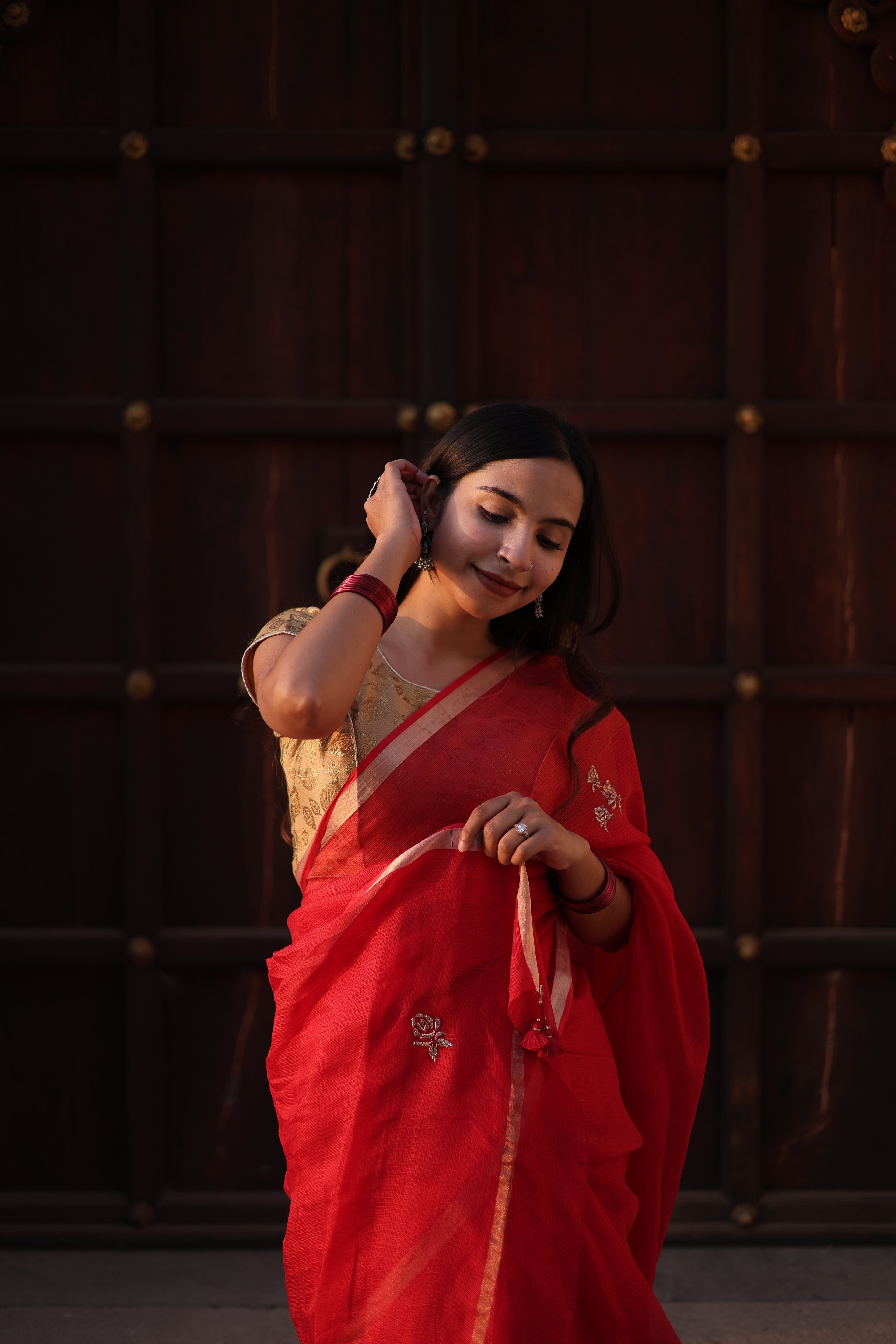 Sharara | Red Embroidered Kota Silk Saree