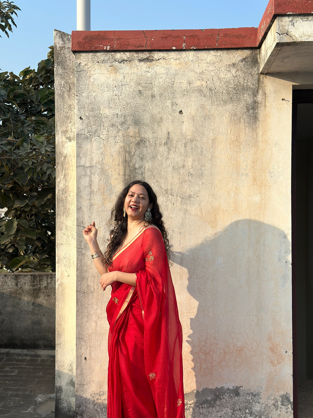 Sharara | Red Embroidered Kota Silk Saree