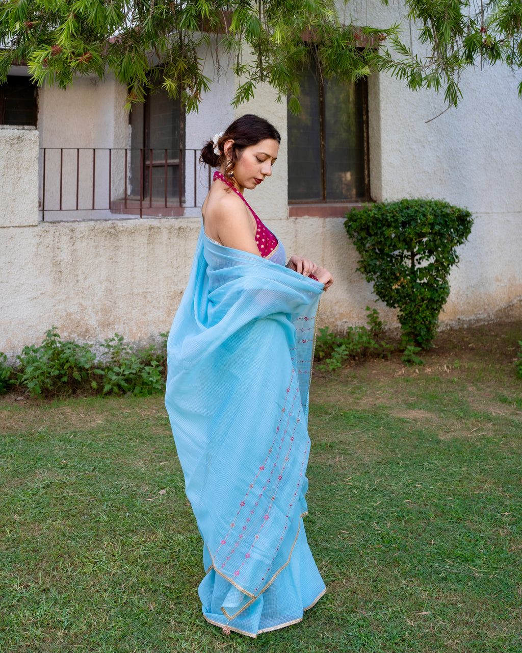 Jhumki | Blue Embroidered Kota Doria Saree