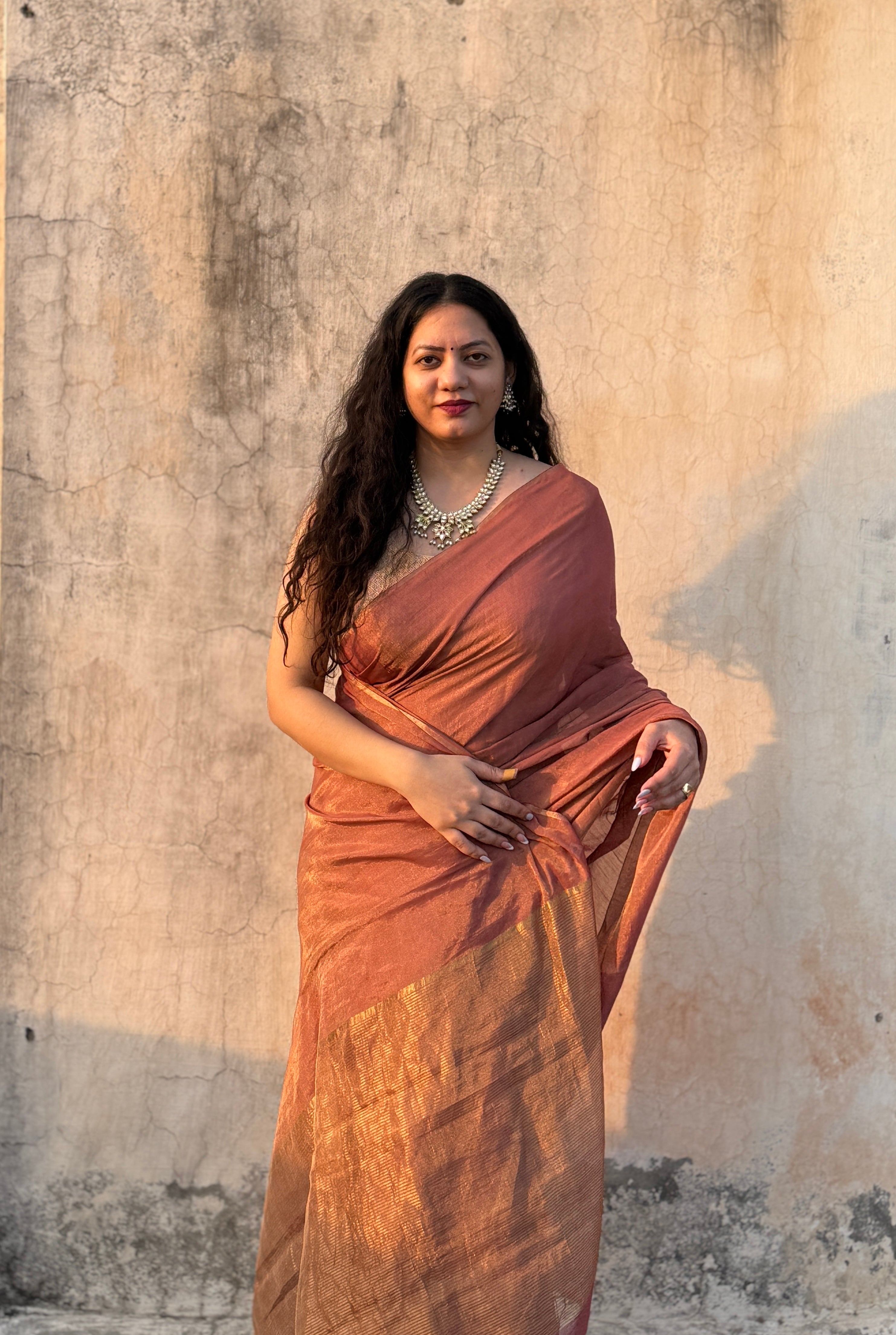 Jhilmil | Rose Gold Tissue Saree