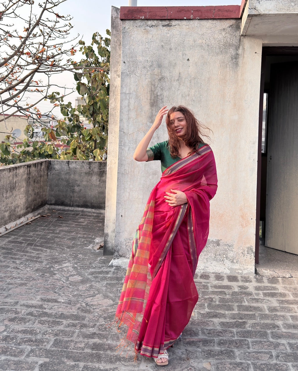 Rajnigandha | Pink Raasta Pattern Maheshwari Saree