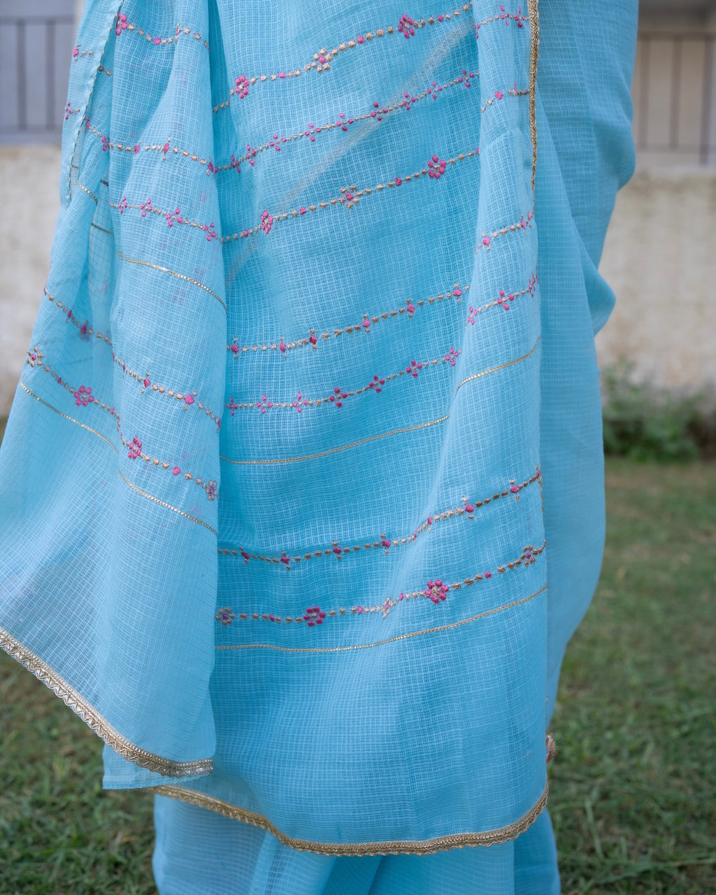 Jhumki | Blue Embroidered Kota Doria Saree