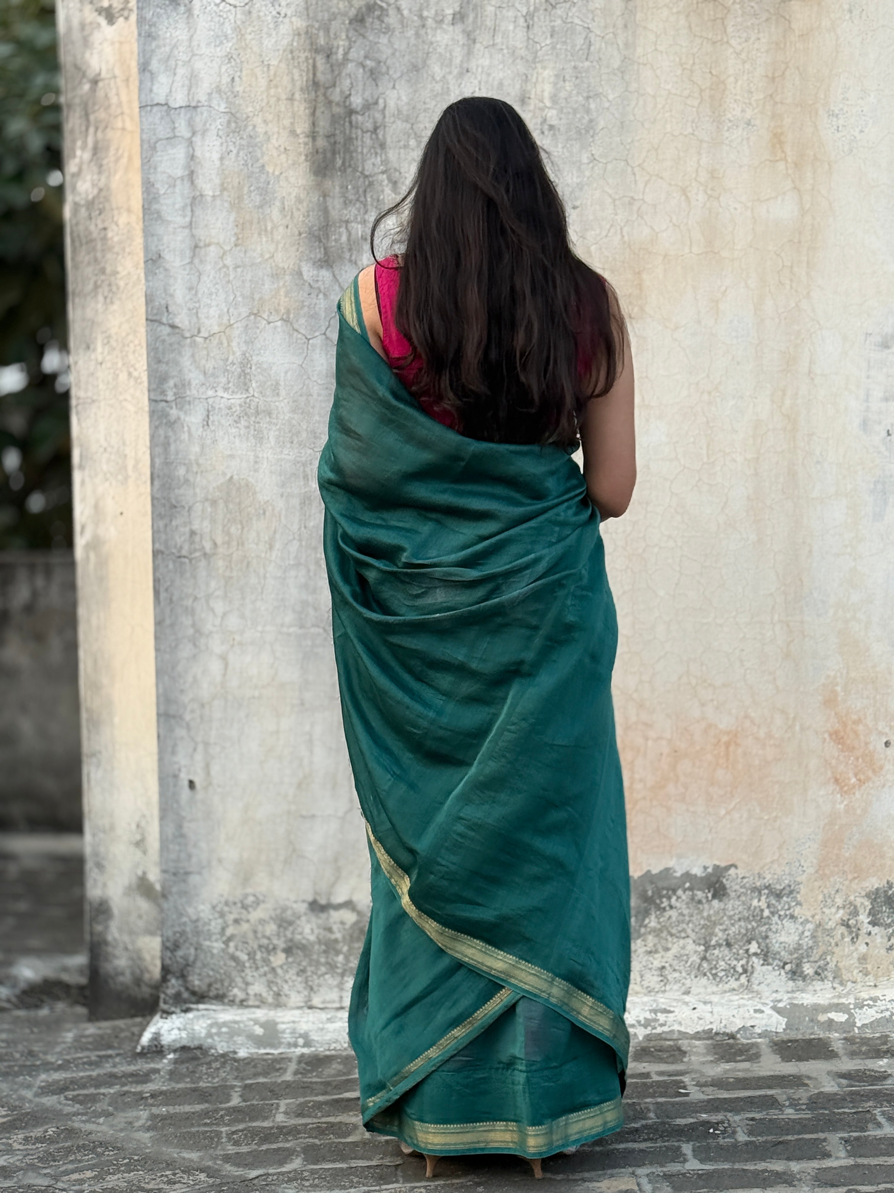 Nazaara | Emerald Green Cotton Silk Saree
