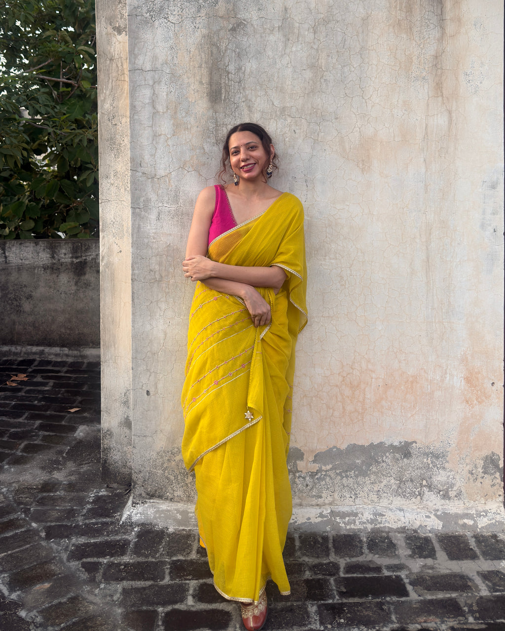Jhumki | Yellow Embroidered Kota Doria Saree