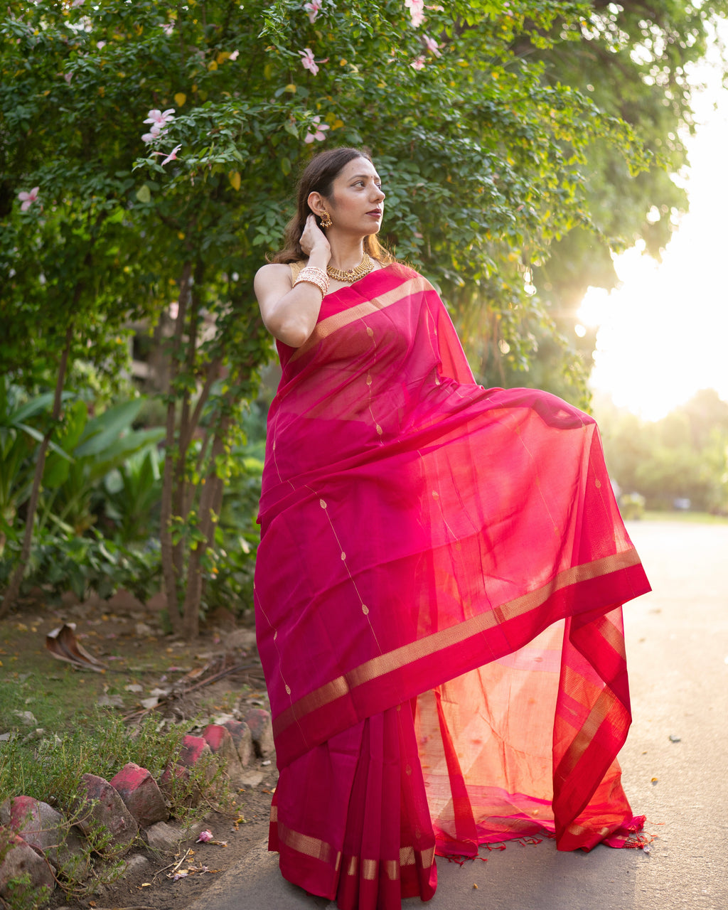 Aalta | Rani Pink Maheshwari Saree