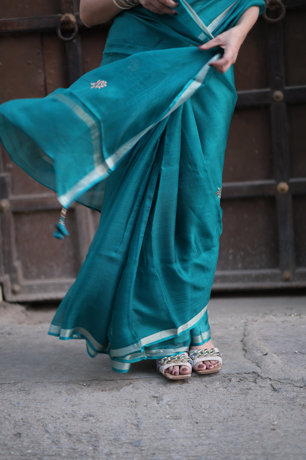 Sharara | Teal Blue Embroidered Kota Silk Saree