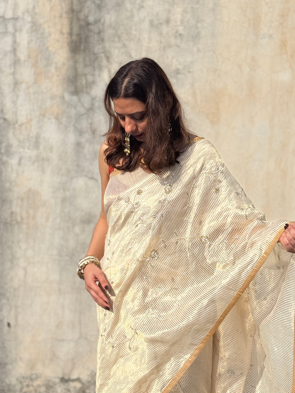 Sunehri | Ivory Golden Viscose Organza & Silk Zari saree