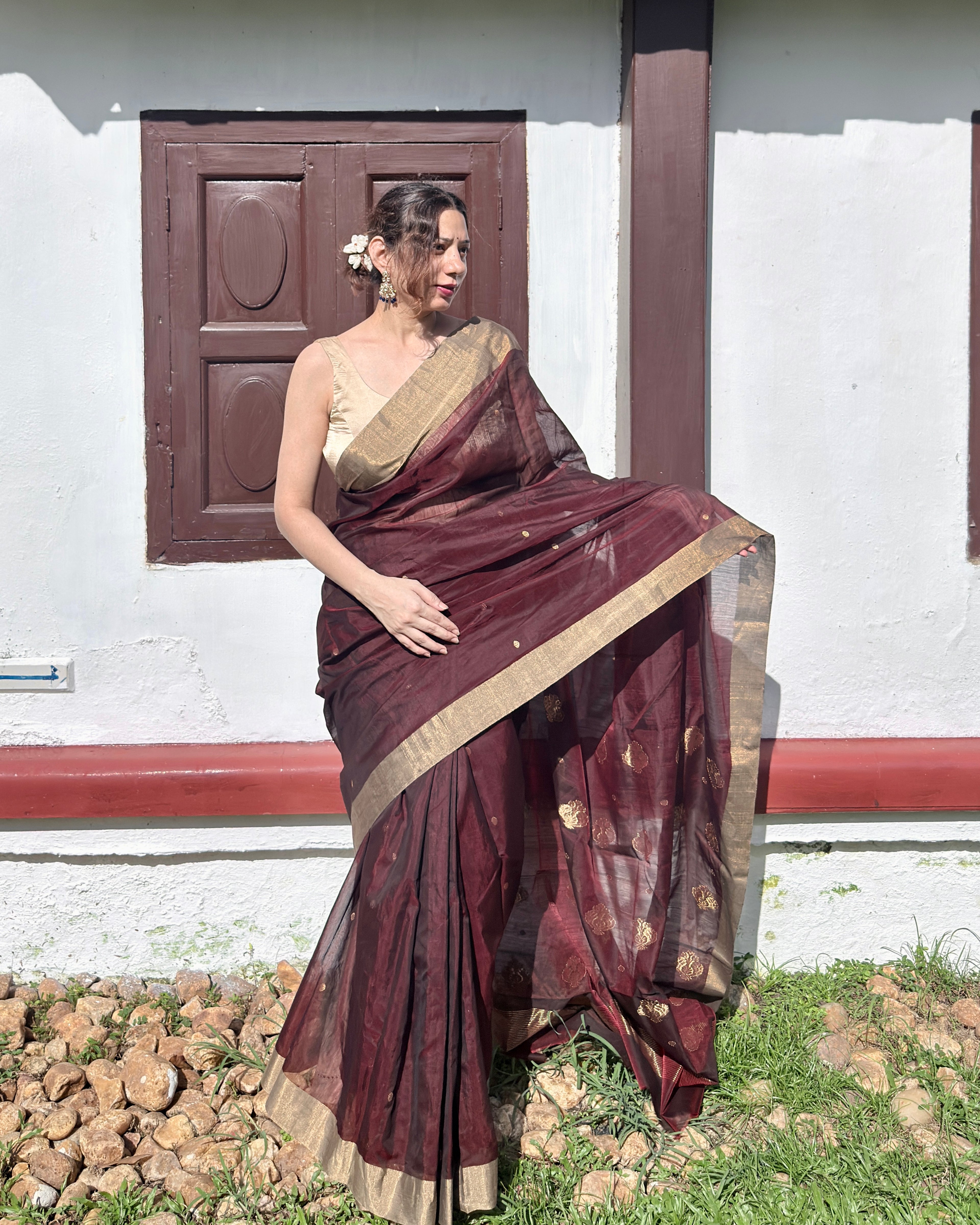 Khajuri | Maroon Chanderi Silk Saree