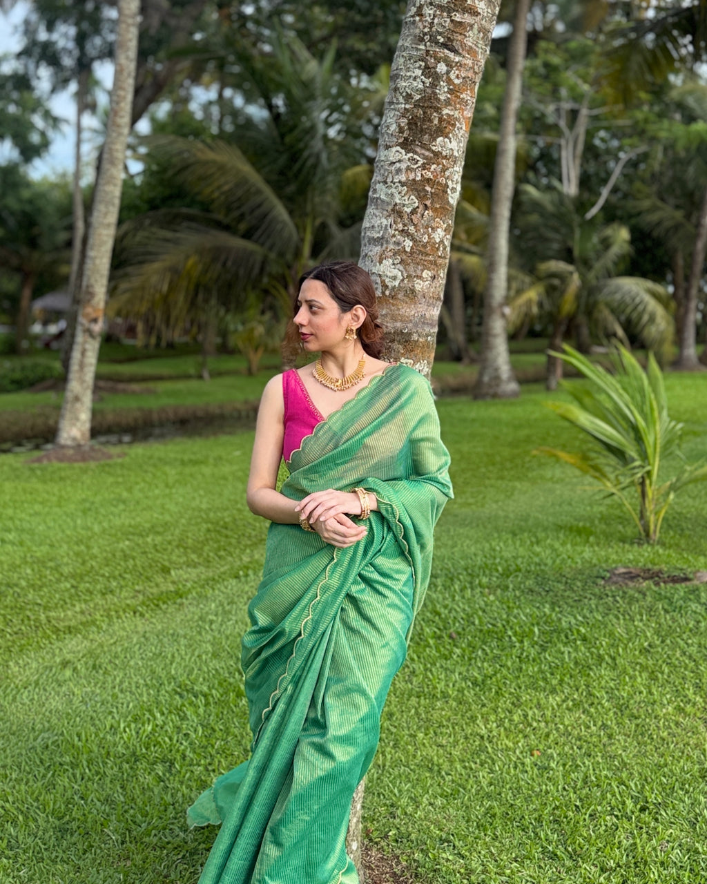 Mehek | Green Cotton Silk Saree with Zari stripes