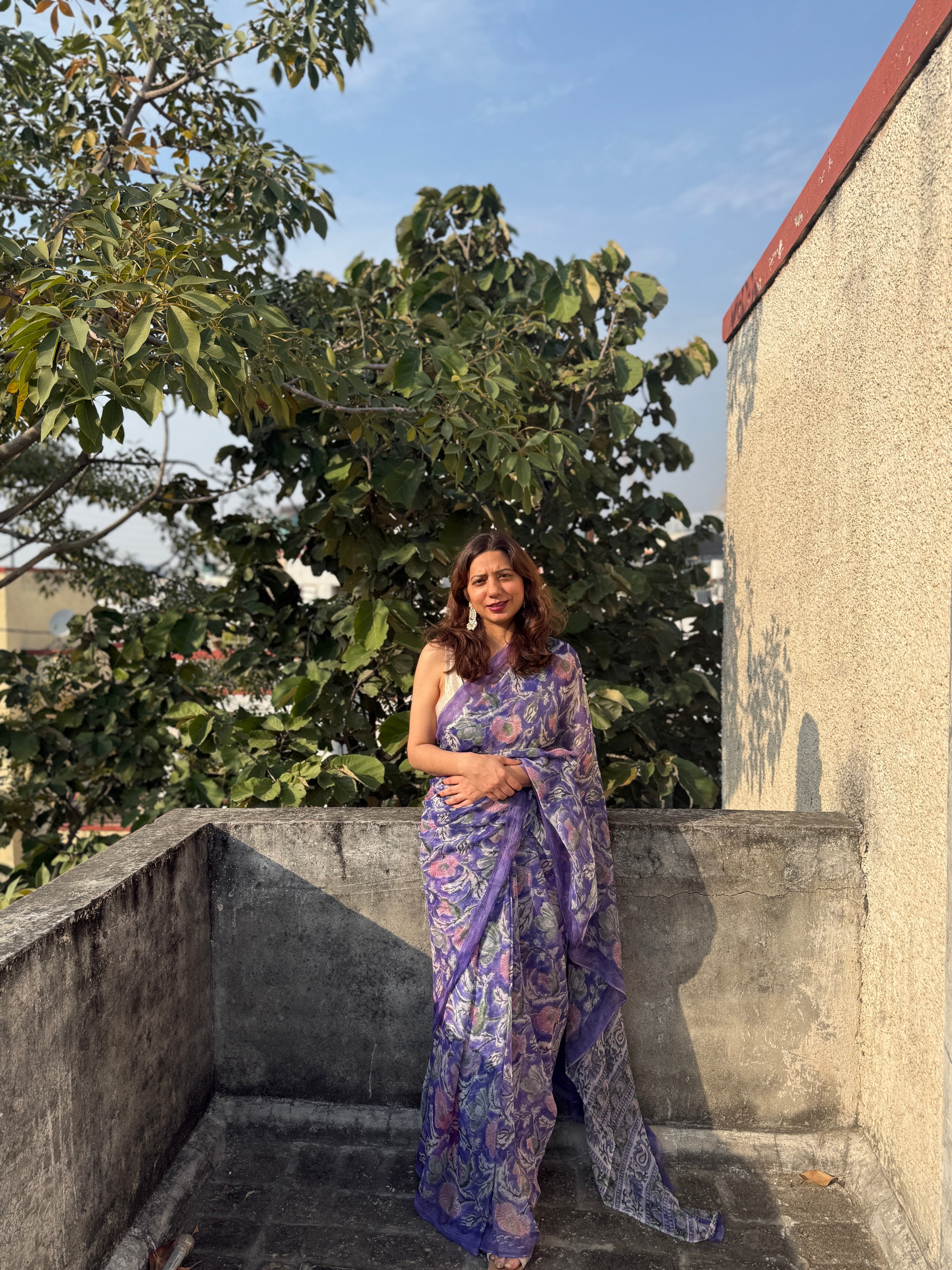 Purple Floral Chiffon Saree